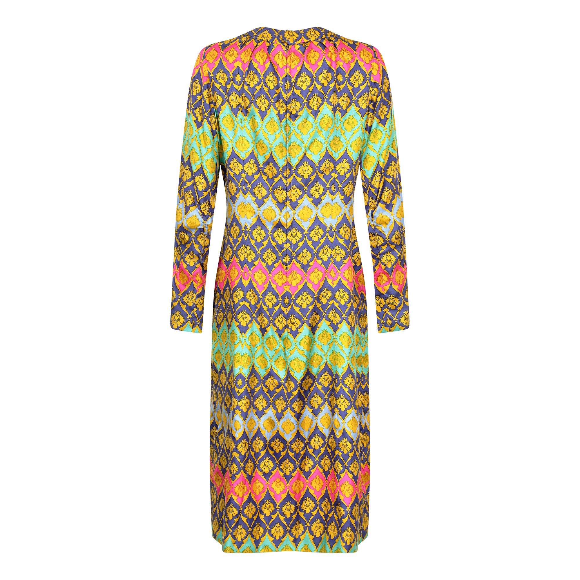 Brown 1960s Lachasse Bee Pattern Silk Dress For Sale