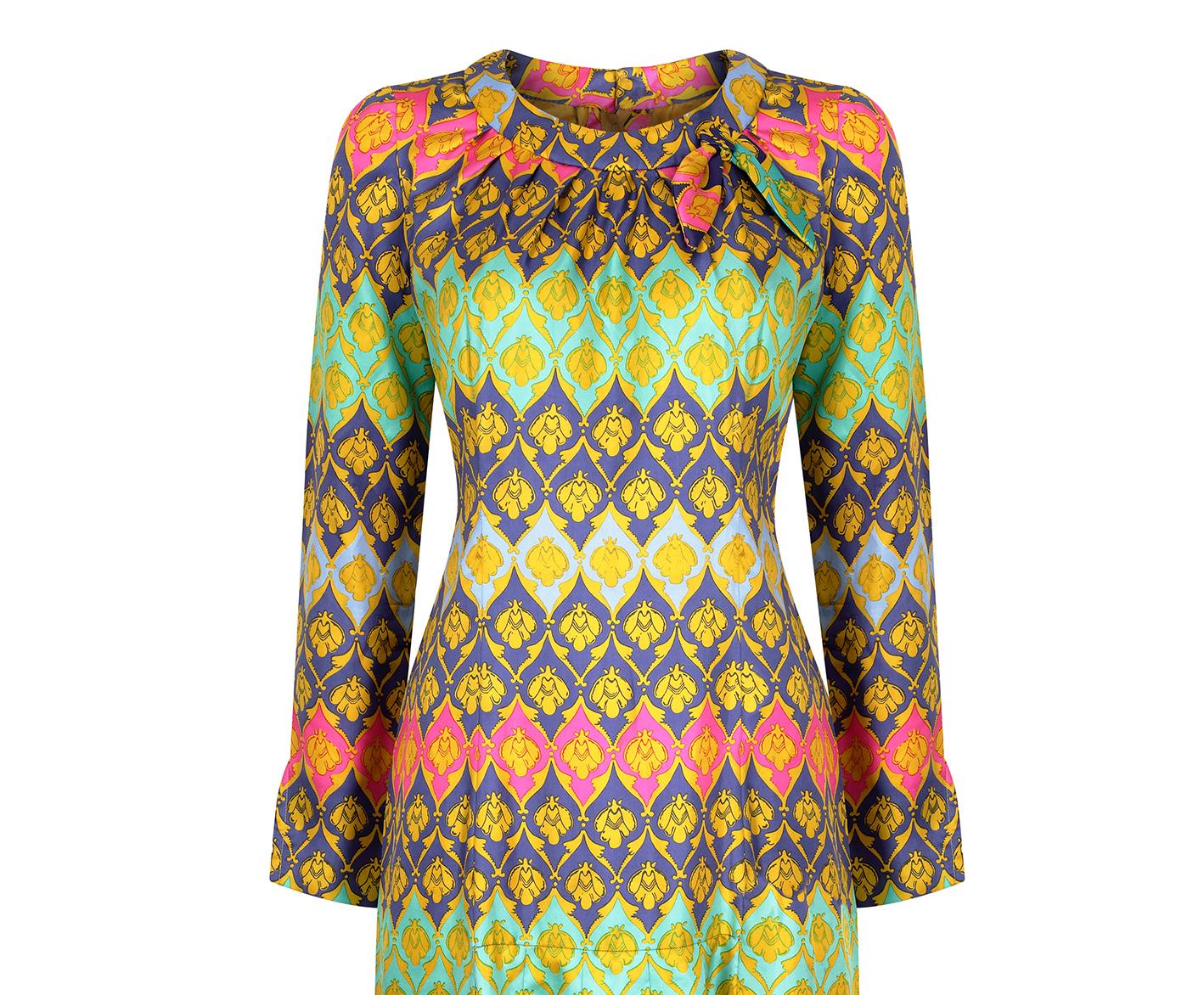 Women's 1960s Lachasse Bee Pattern Silk Dress For Sale