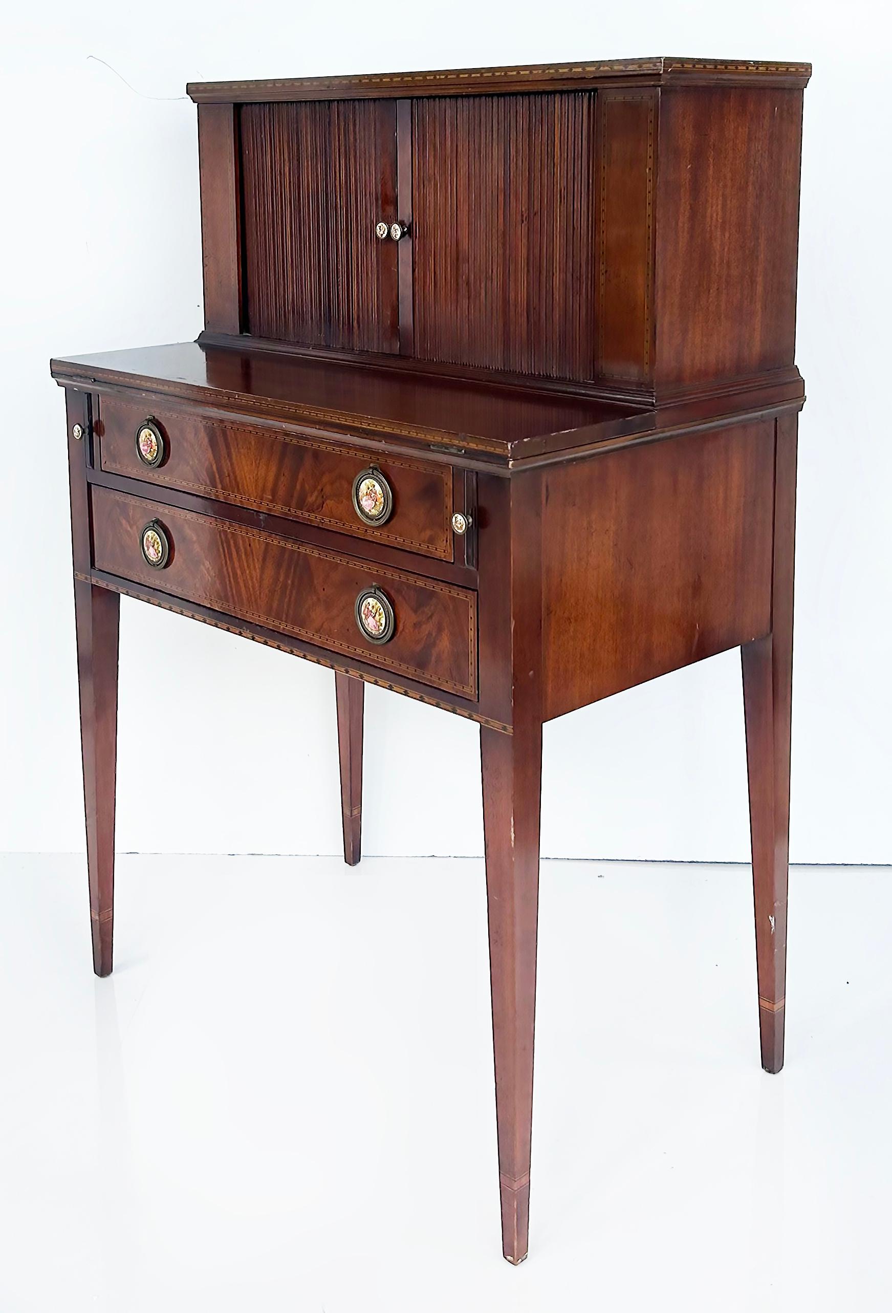 1960s Lady's Writing Desk Secretaire, Tambour Doors, Marquetry Banded Drawers

Offered for sale is a diminutive lady's secretaire writing desk with flame mahogany veneers, banded marquetry drawers, and tambour doors that open to reveal cubby holes,