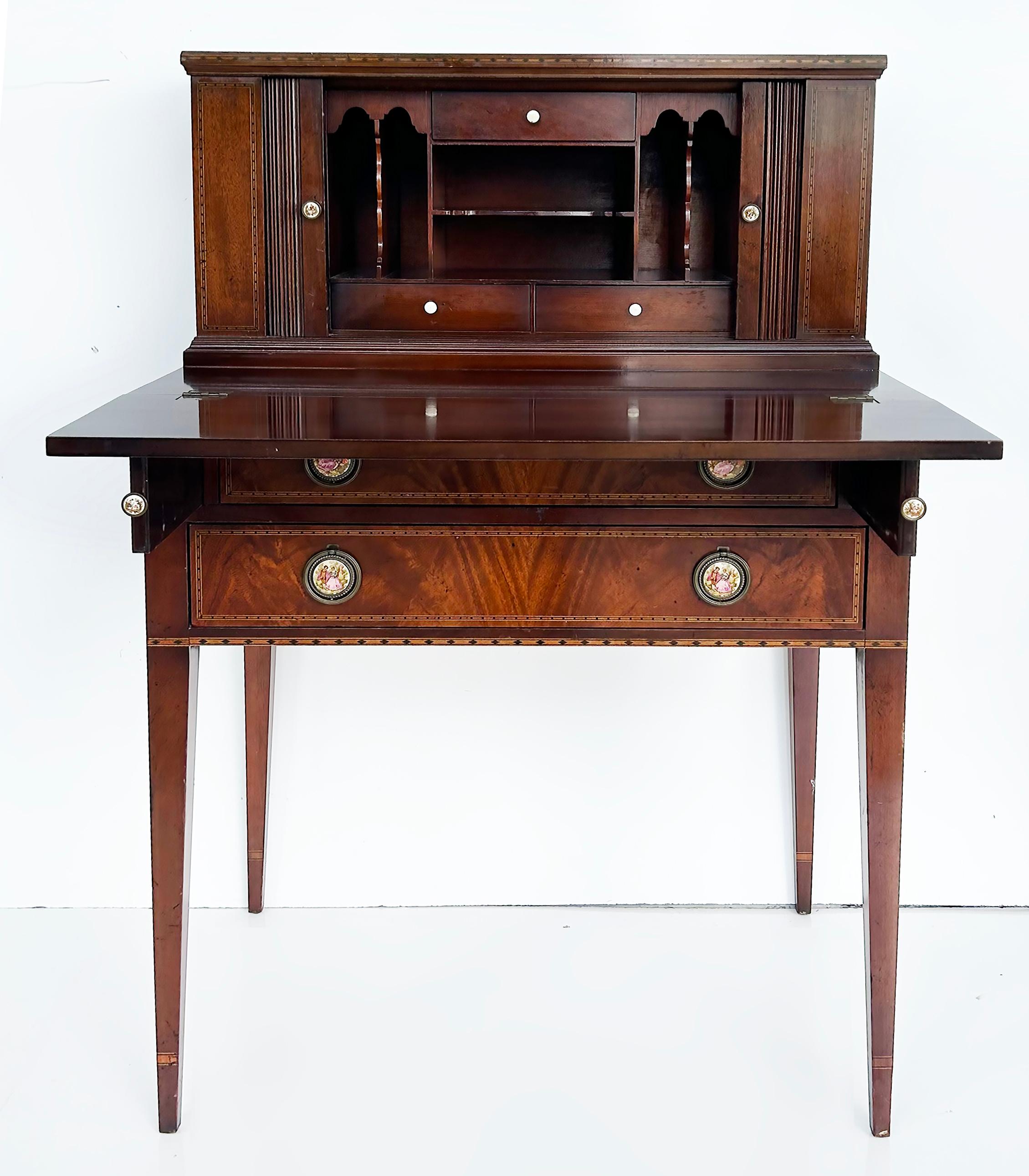 1960s Lady's Writing Desk Secretaire, Tambour Doors, Marquetry Banded Drawers In Good Condition In Miami, FL