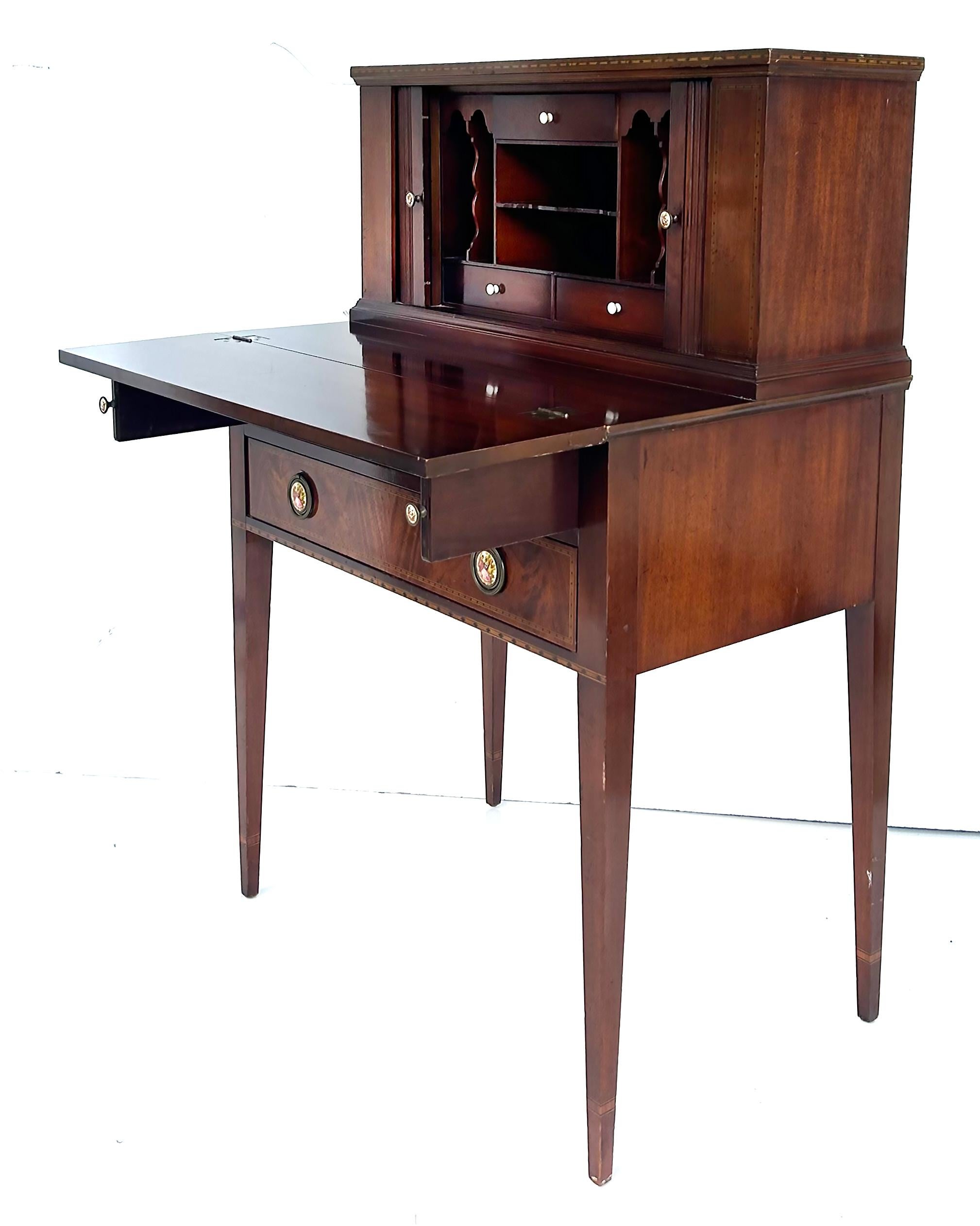 20th Century 1960s Lady's Writing Desk Secretaire, Tambour Doors, Marquetry Banded Drawers