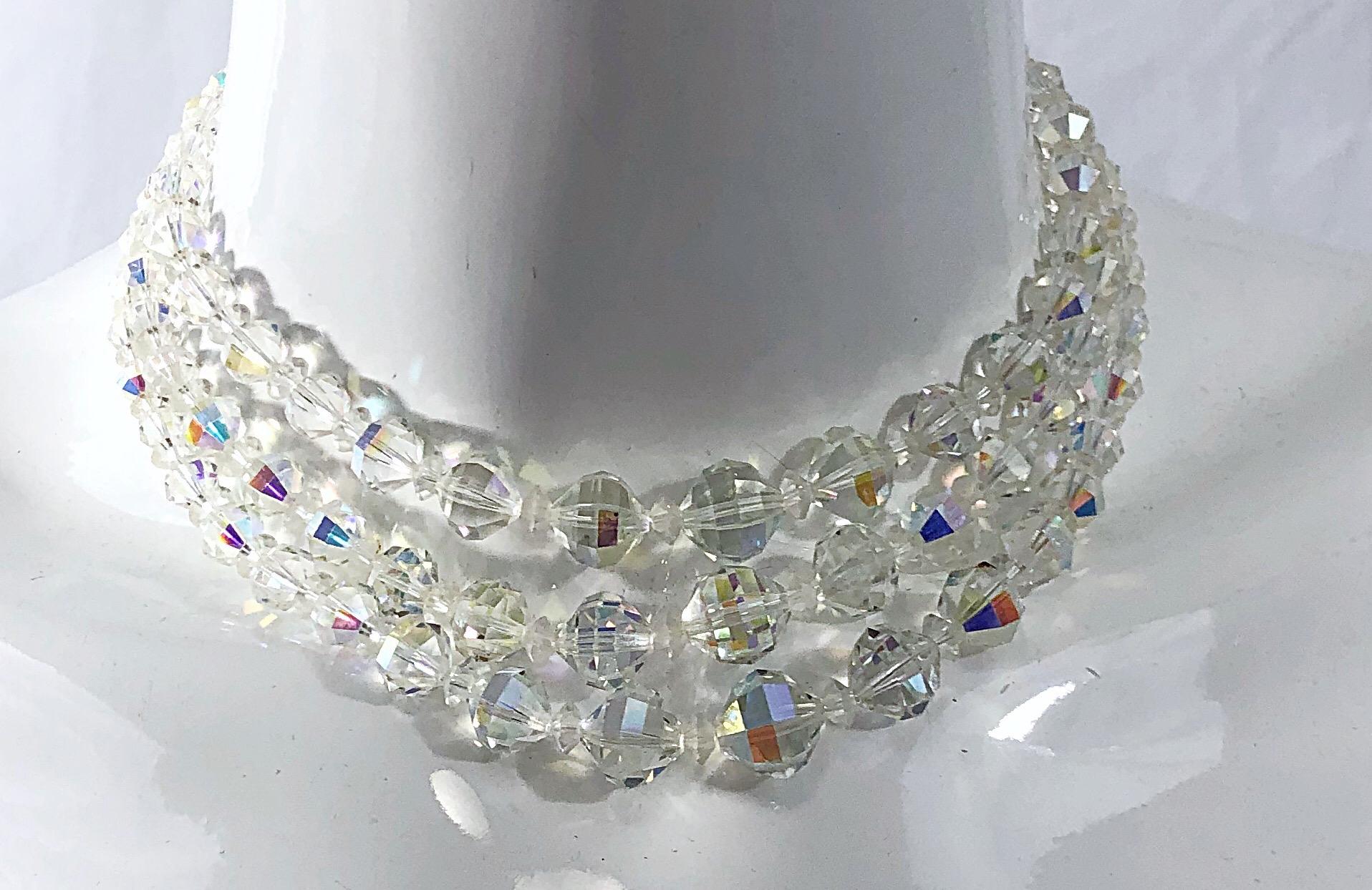 1960s Laguna Signed Crystal Aurora Borealis 3 Strand Vintage 60s Clear Neclace In Excellent Condition In San Diego, CA