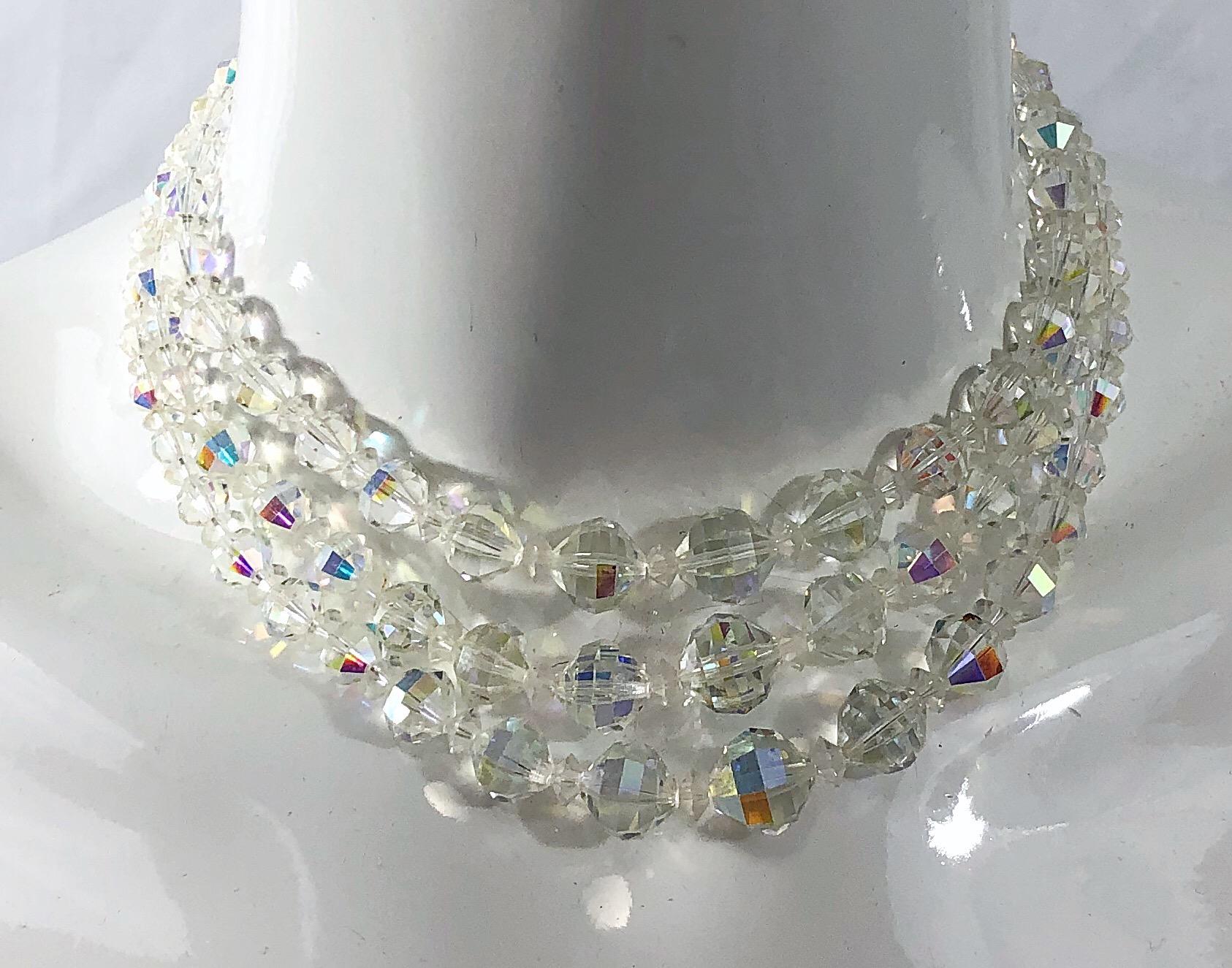 1960s Laguna Signed Crystal Aurora Borealis 3 Strand Vintage 60s Clear Neclace 1