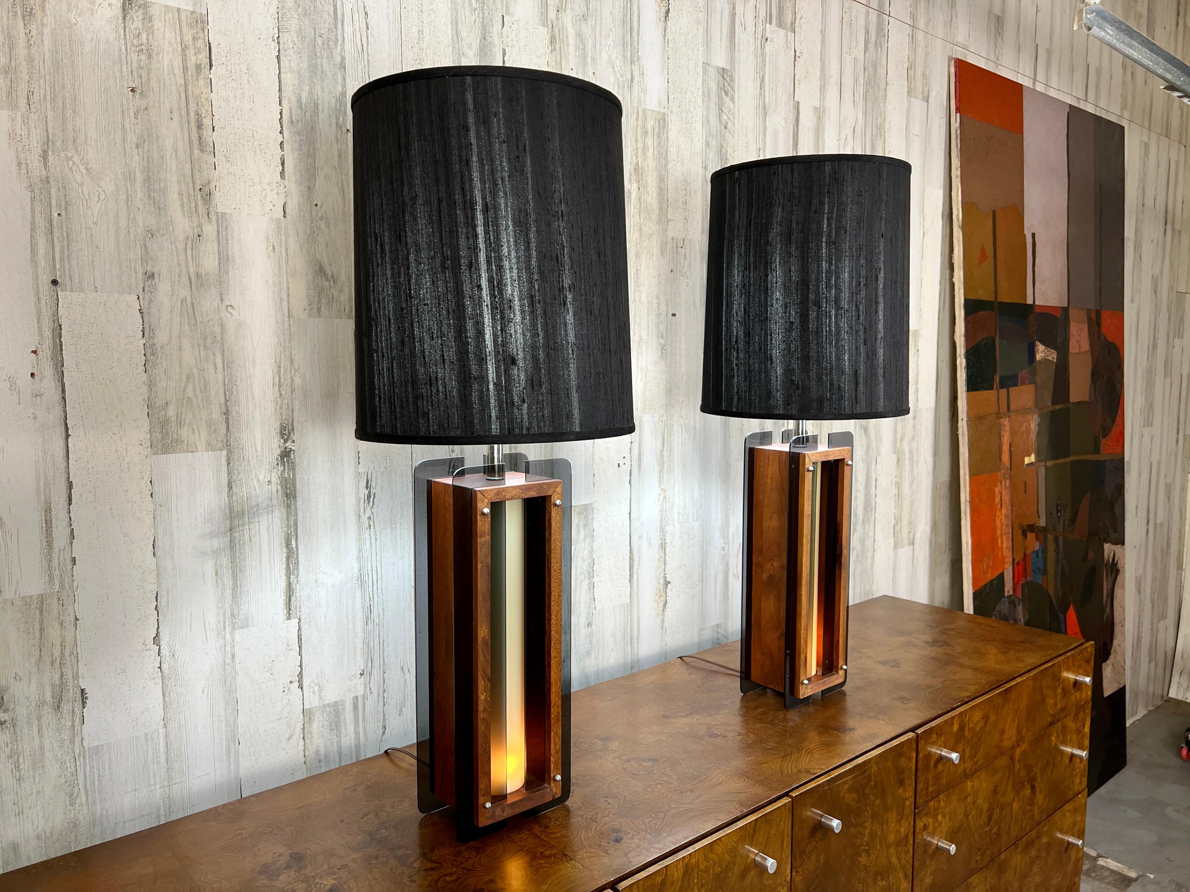 Mid-Century Modern 1960s Lamps in Chrome, Smoked Lucite and Walnut For Sale