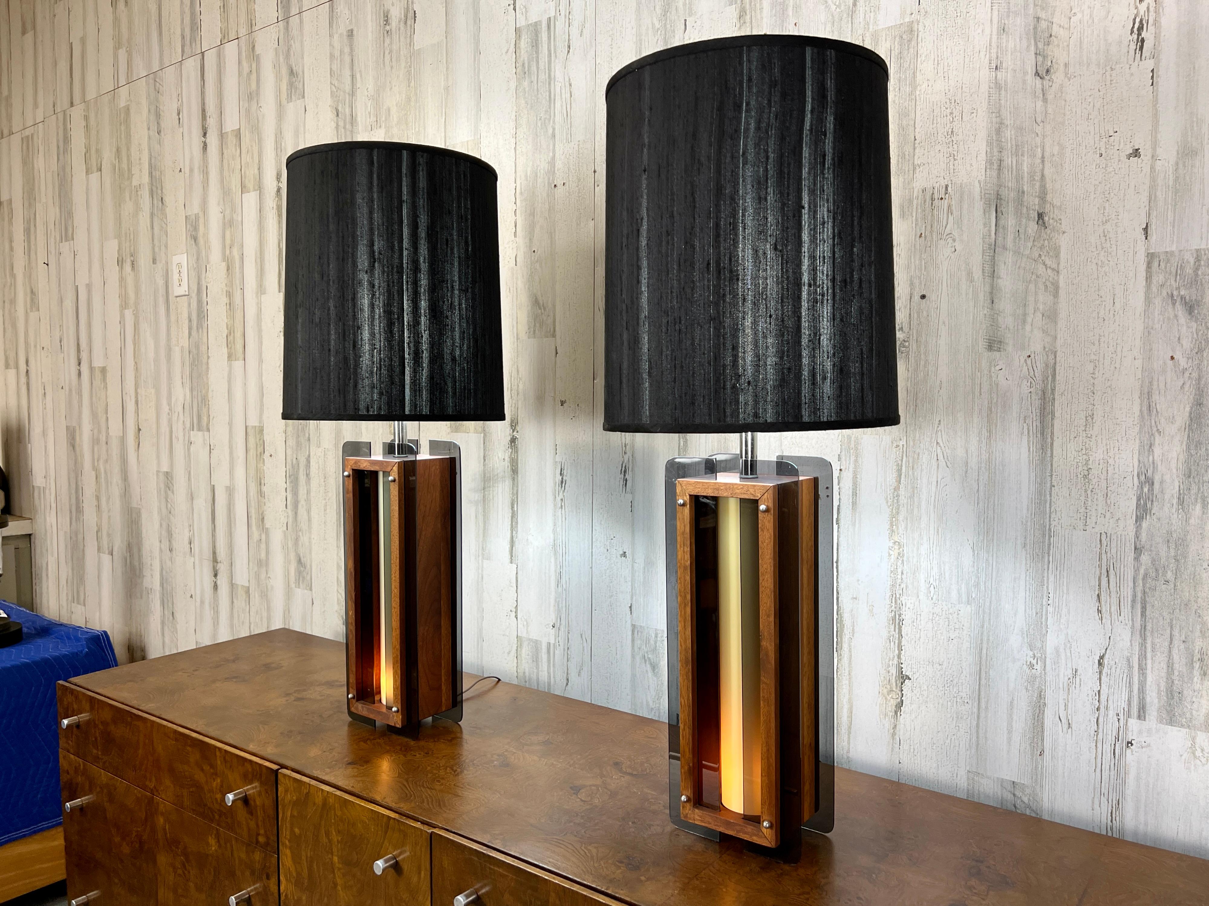American 1960s Lamps in Chrome, Smoked Lucite and Walnut For Sale