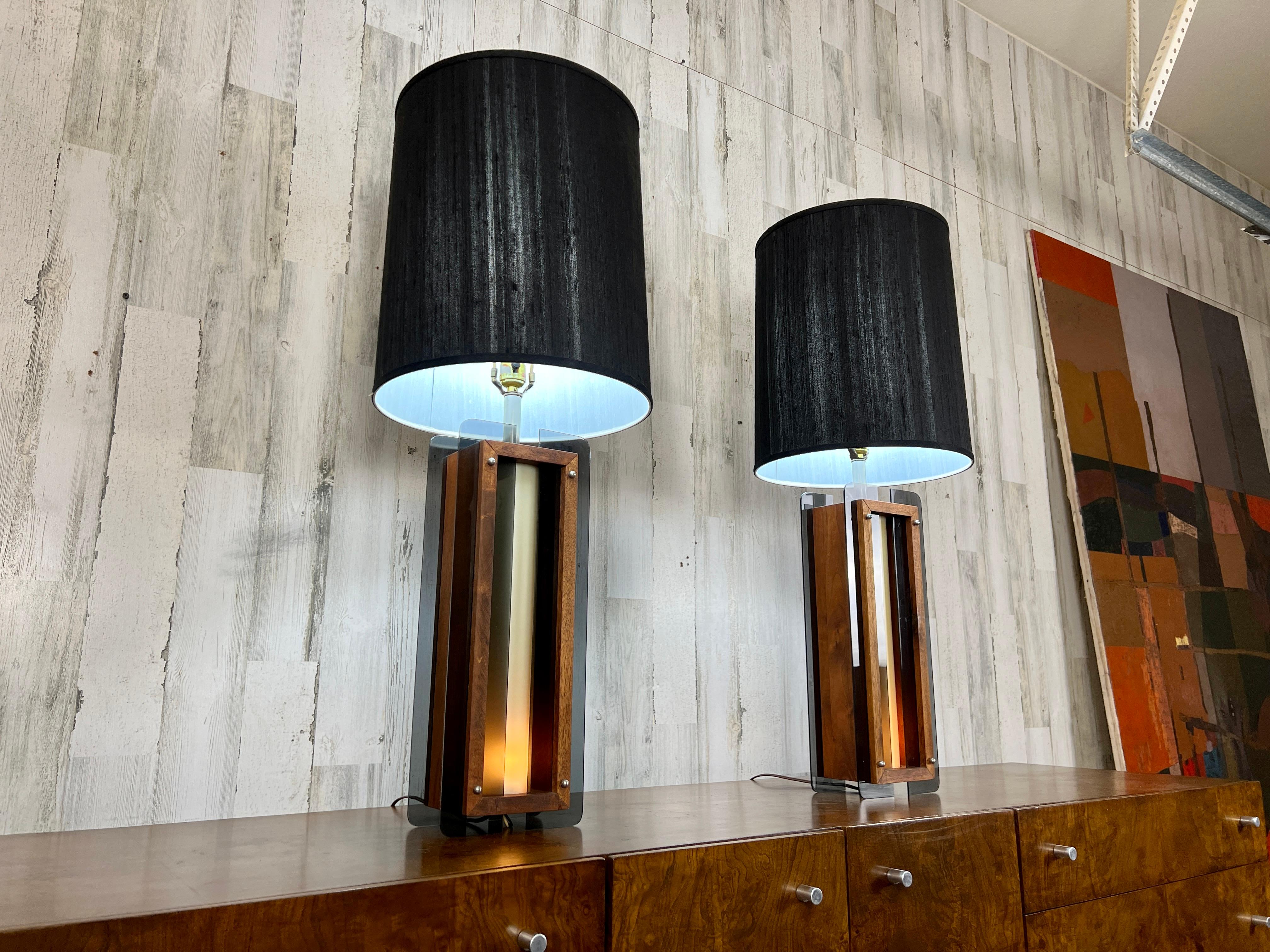 1960s Lamps in Chrome, Smoked Lucite and Walnut In Excellent Condition For Sale In Denton, TX