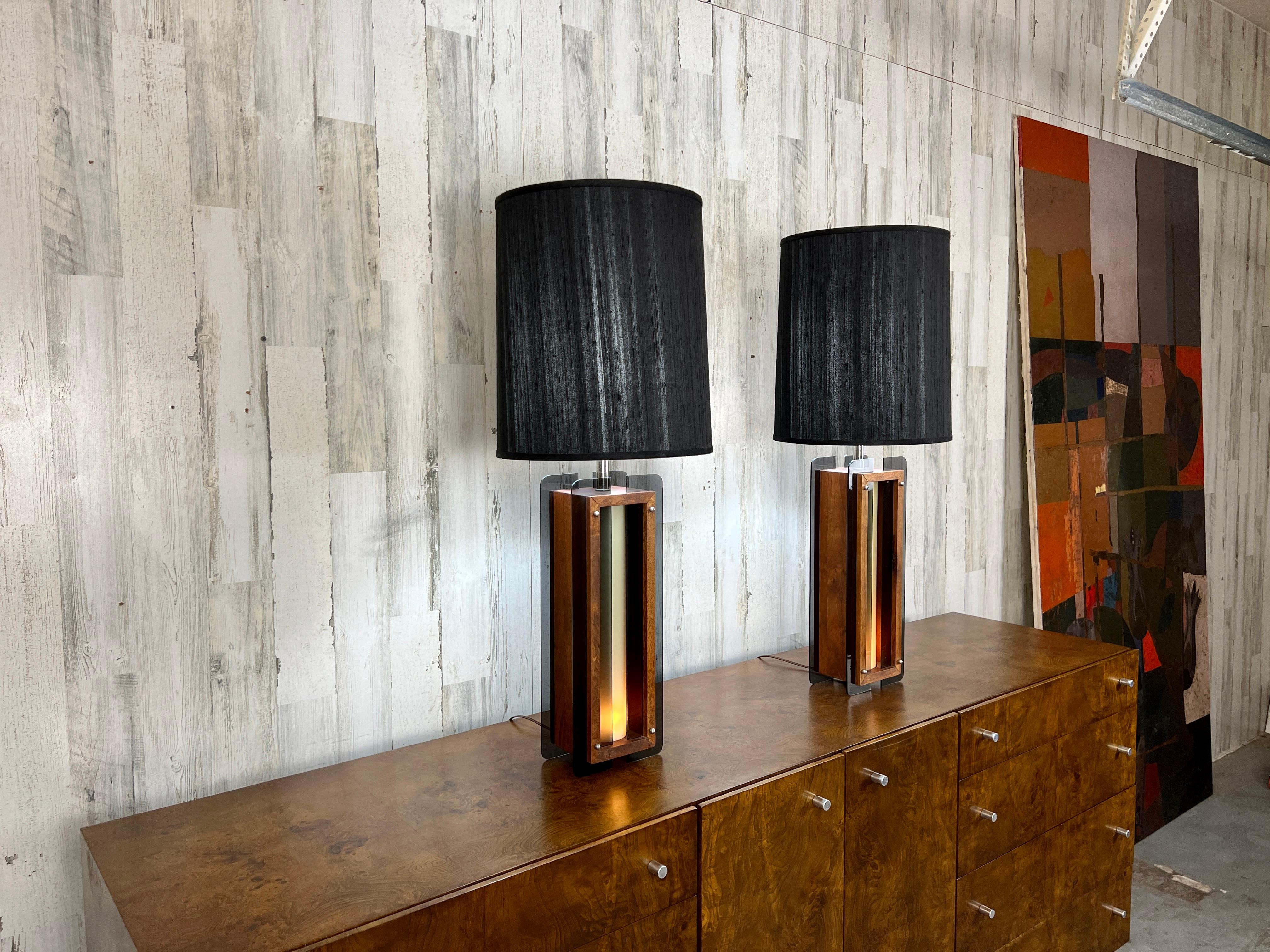 1960s Lamps in Chrome, Smoked Lucite and Walnut For Sale 3