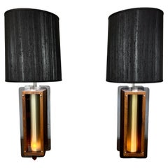 Lampes des années 1960 en chrome, lucite fumé et noyer