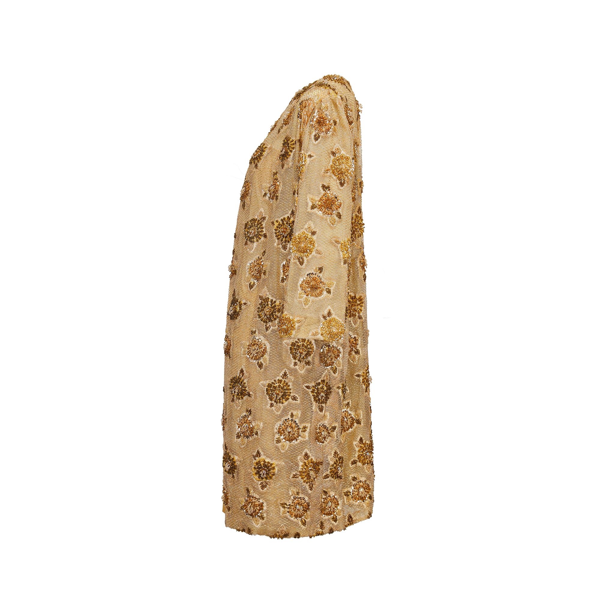 1960er Jahre Lancetti Haute Couture Gold Seide und Lurex Perlen Kleid Anzug im Zustand „Gut“ im Angebot in London, GB