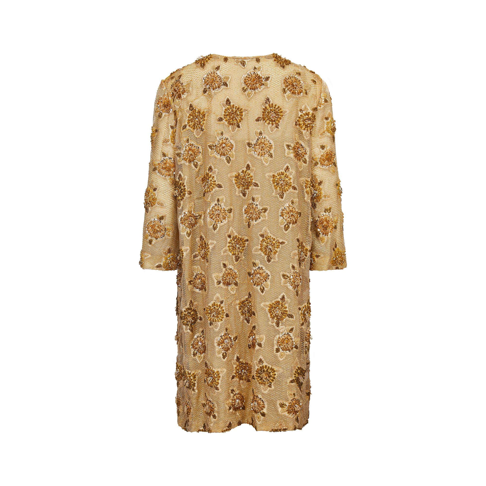 1960er Jahre Lancetti Haute Couture Gold Seide und Lurex Perlen Kleid Anzug Damen im Angebot