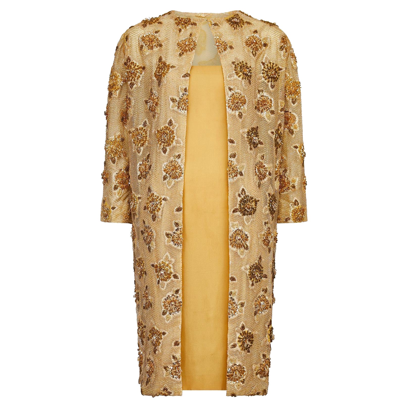 Traje de Alta Costura Lancetti de los años 60 de seda dorada y cuentas de lúrex en venta