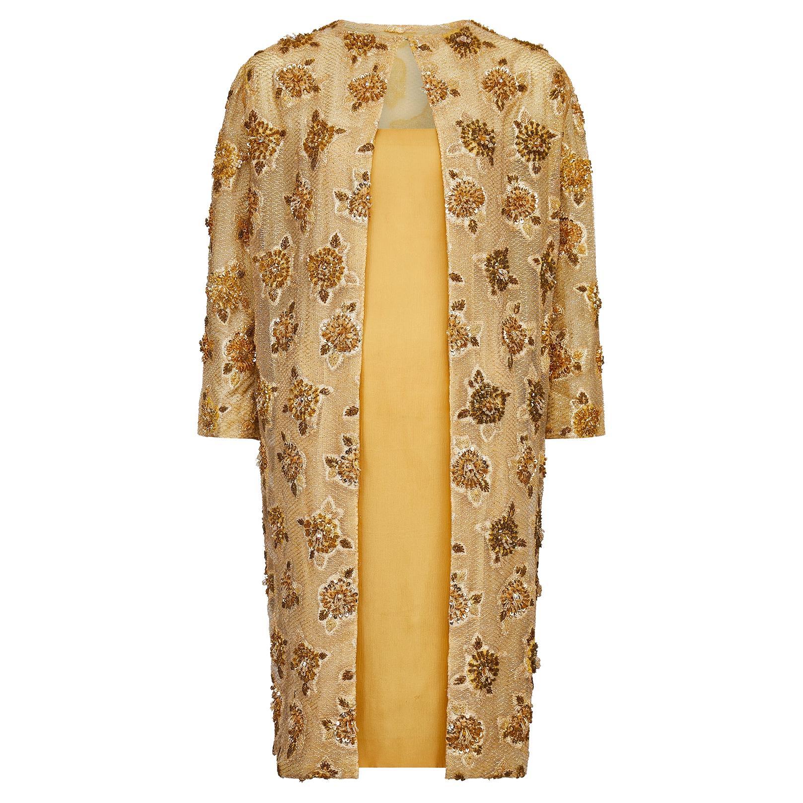 1960er Jahre Lancetti Haute Couture Gold Seide und Lurex Perlen Kleid Anzug im Angebot