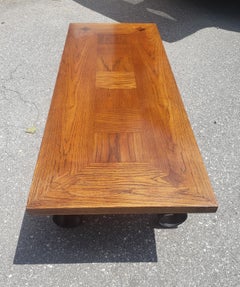 1960s Lane Furniture Brutalist Oak Parquetry and Iron Coffee Table