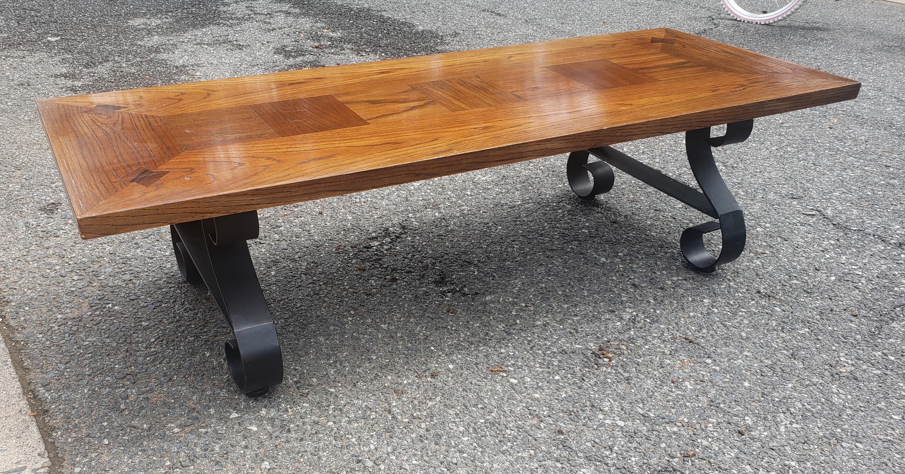 1960s Lane Furniture Brutalist Oak Parquetry and Iron Coffee Table In Good Condition For Sale In Germantown, MD