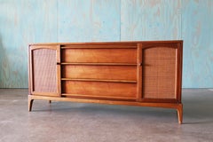 1960s Lane Rhythm Walnut and Cane Dresser Cabinet Credenza Mid century Modern 66