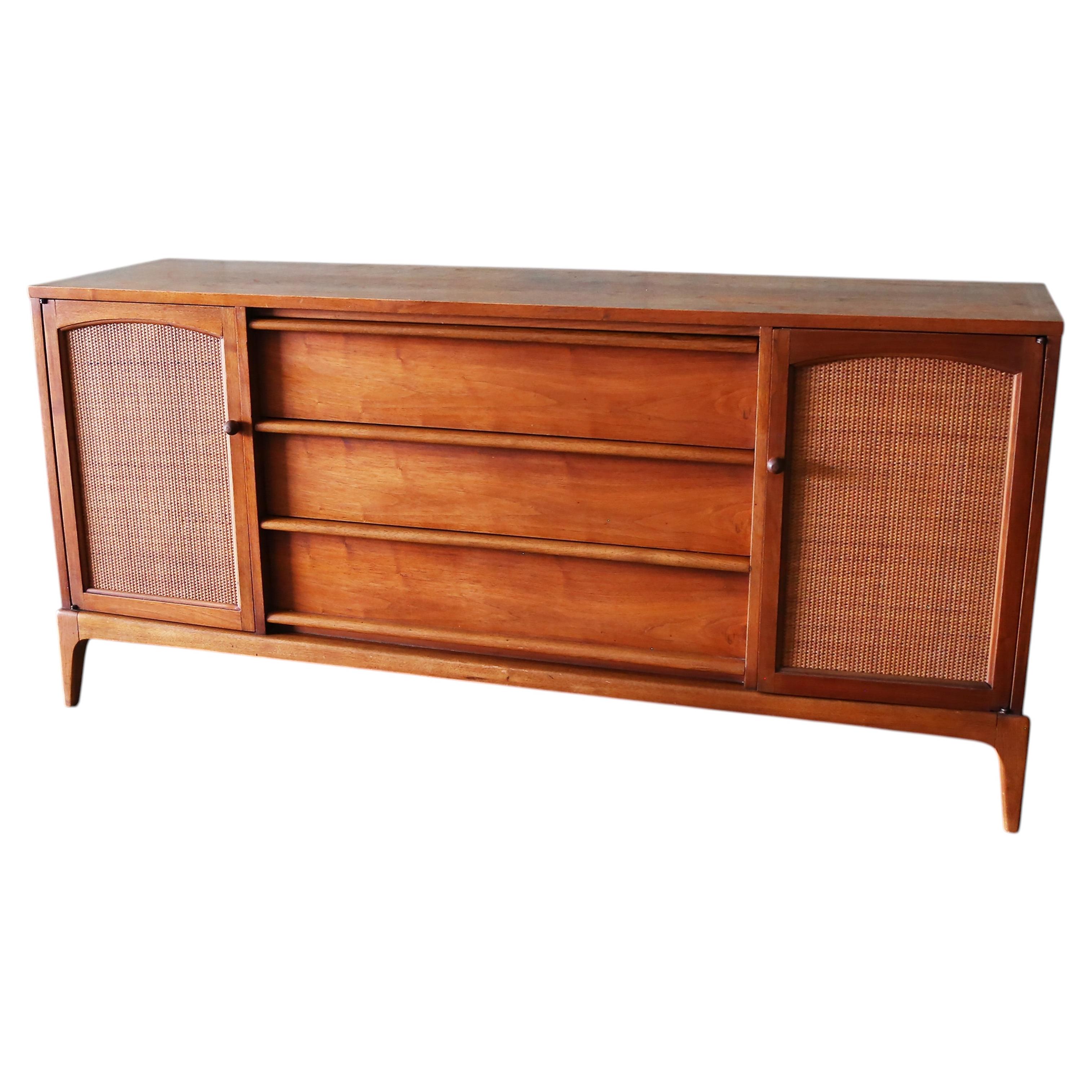 1960s Lane Rhythm Walnut and Cane Dresser Cabinet Credenza Mid century Modern 66 For Sale