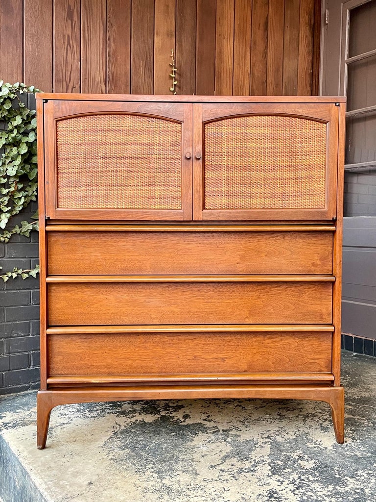 1960s Lane Rhythm Walnut + Rattan Bachelor MidCentury