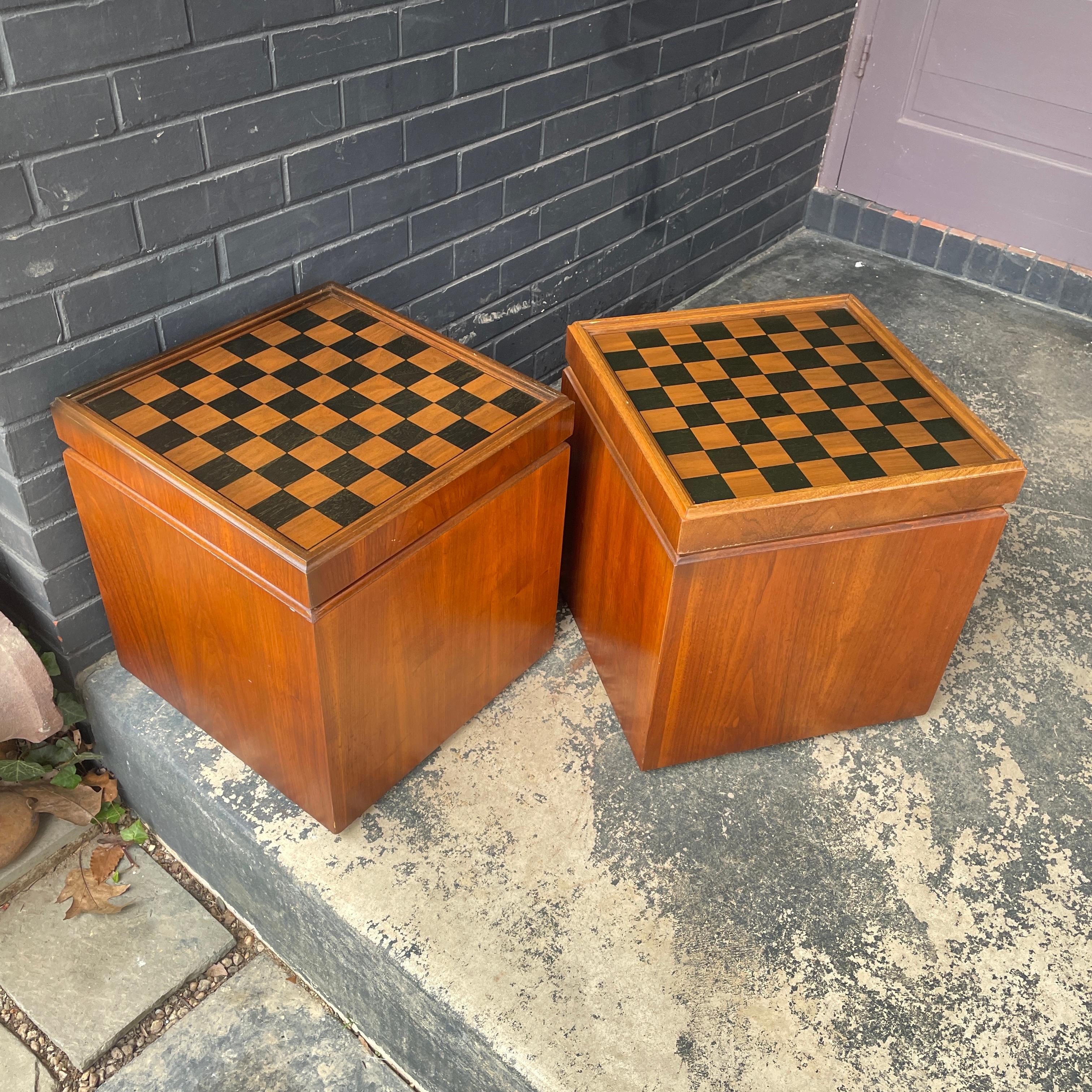 American 1960s Lane Walnut Chess Tables Flip-Top Black Stool Storage Chest Game Checkers