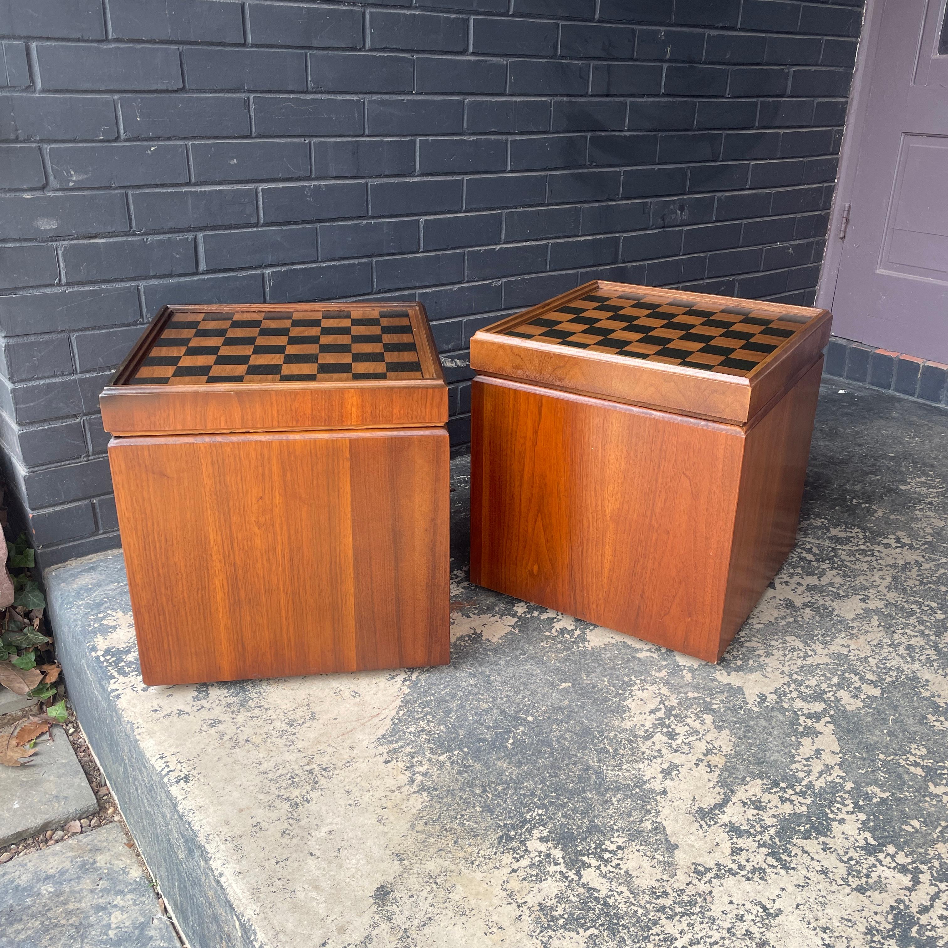 Veneer 1960s Lane Walnut Chess Tables Flip-Top Black Stool Storage Chest Game Checkers