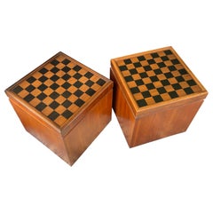 1960s Lane Walnut Chess Tables Flip-Top Black Stool Storage Chest Game Checkers