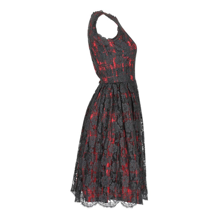 1960s Lang Originals Red and Black Lace Cocktail Dress For Sale at ...
