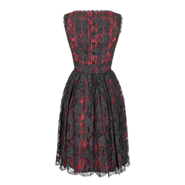 1960s Lang Originals Red & Black Lace Cocktail Dress