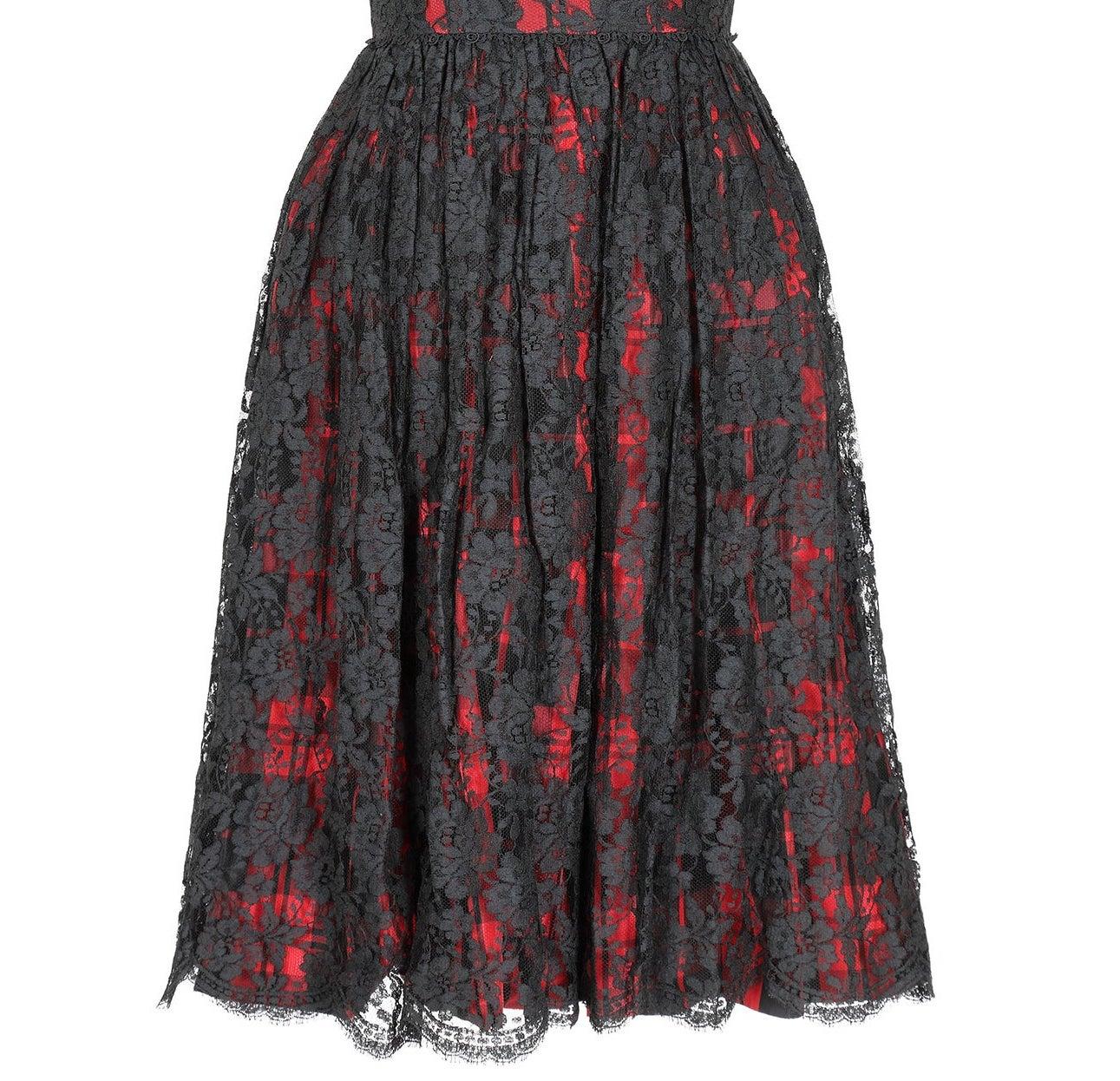 1960s Lang Originals Red & Black Lace Cocktail Dress In Excellent Condition For Sale In London, GB