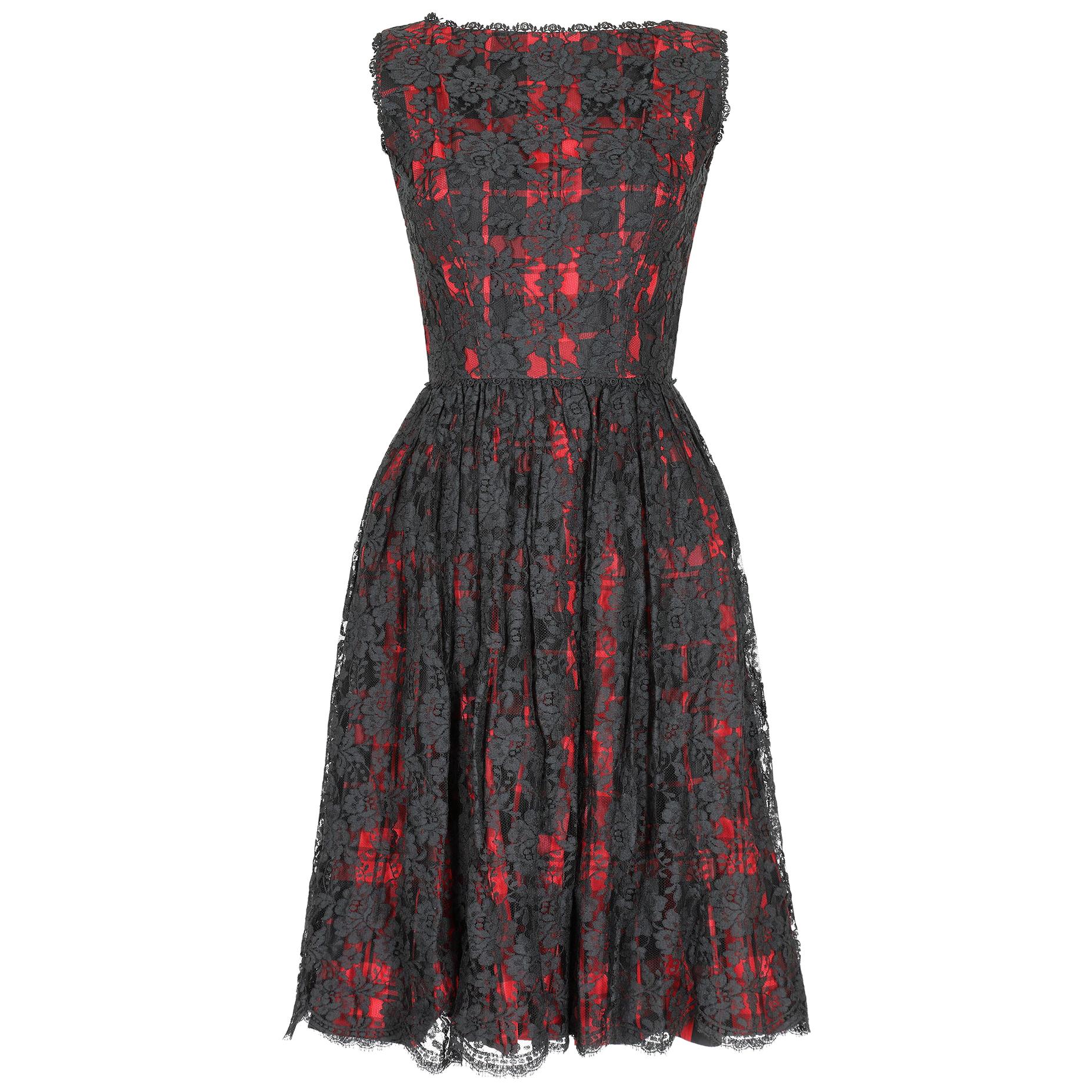 1960s Lang Originals Red & Black Lace Cocktail Dress For Sale