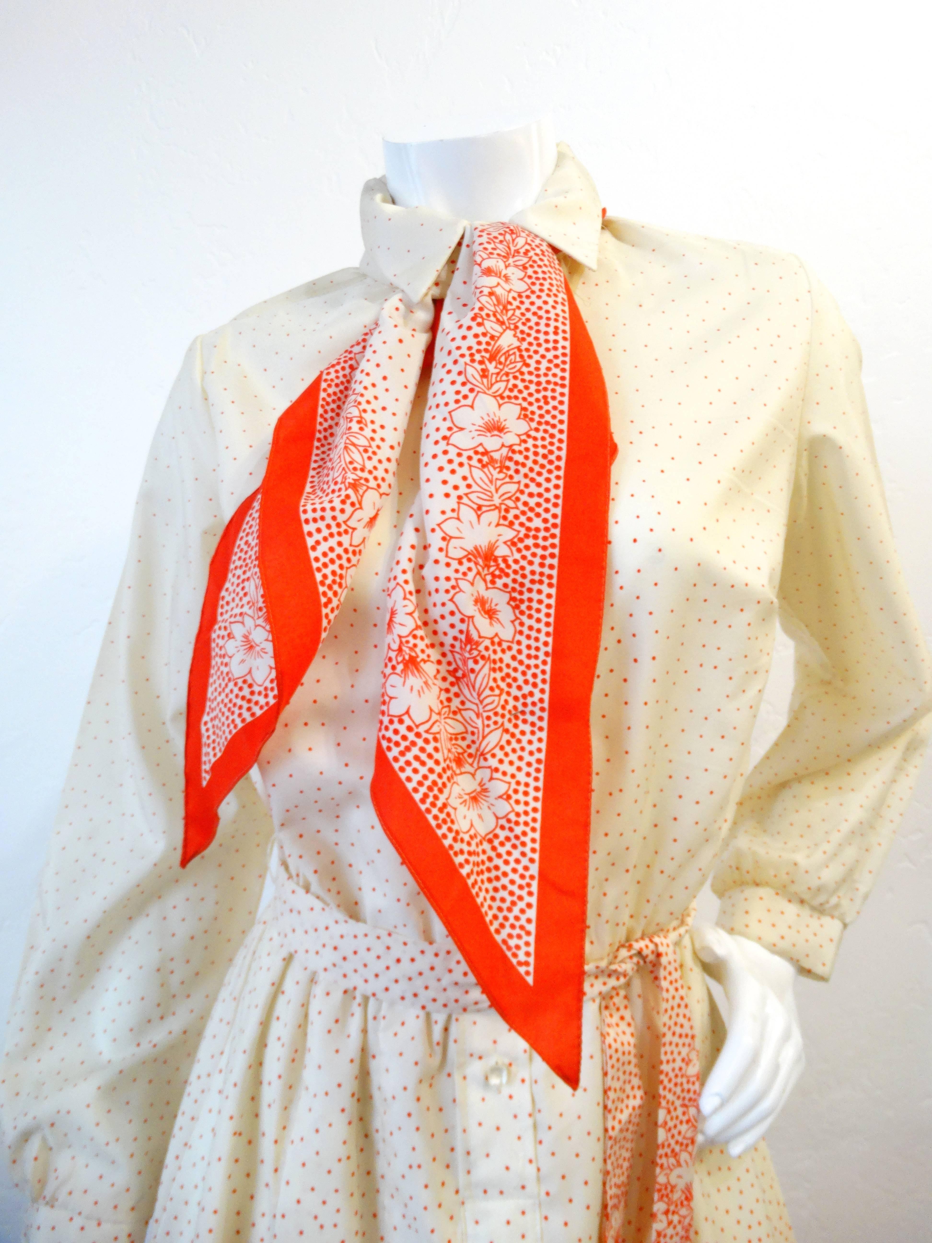 White 1960s Lanvin Cream & Red Polkadot Floral Dress For Sale