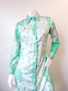 Lanvin - Robe boutonnée à fleurs blanches et menthe des années 1960