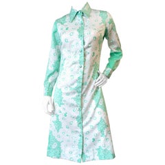 Lanvin - Robe boutonnée à fleurs blanches et menthe des années 1960