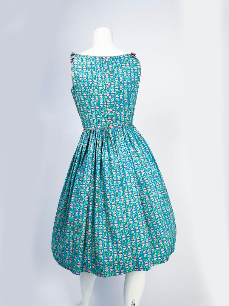 Blue 1960s Lanz Tulip Printed Summer Dress For Sale