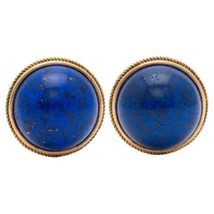 1960's Lapis Lazuli 14 Karat Yellow Gold Vintage Button Ear-Clip Earrings