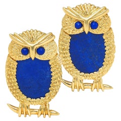 1960's Lapis Lazuli 18 Karat Yellow Gold Vintage Owl Brooch