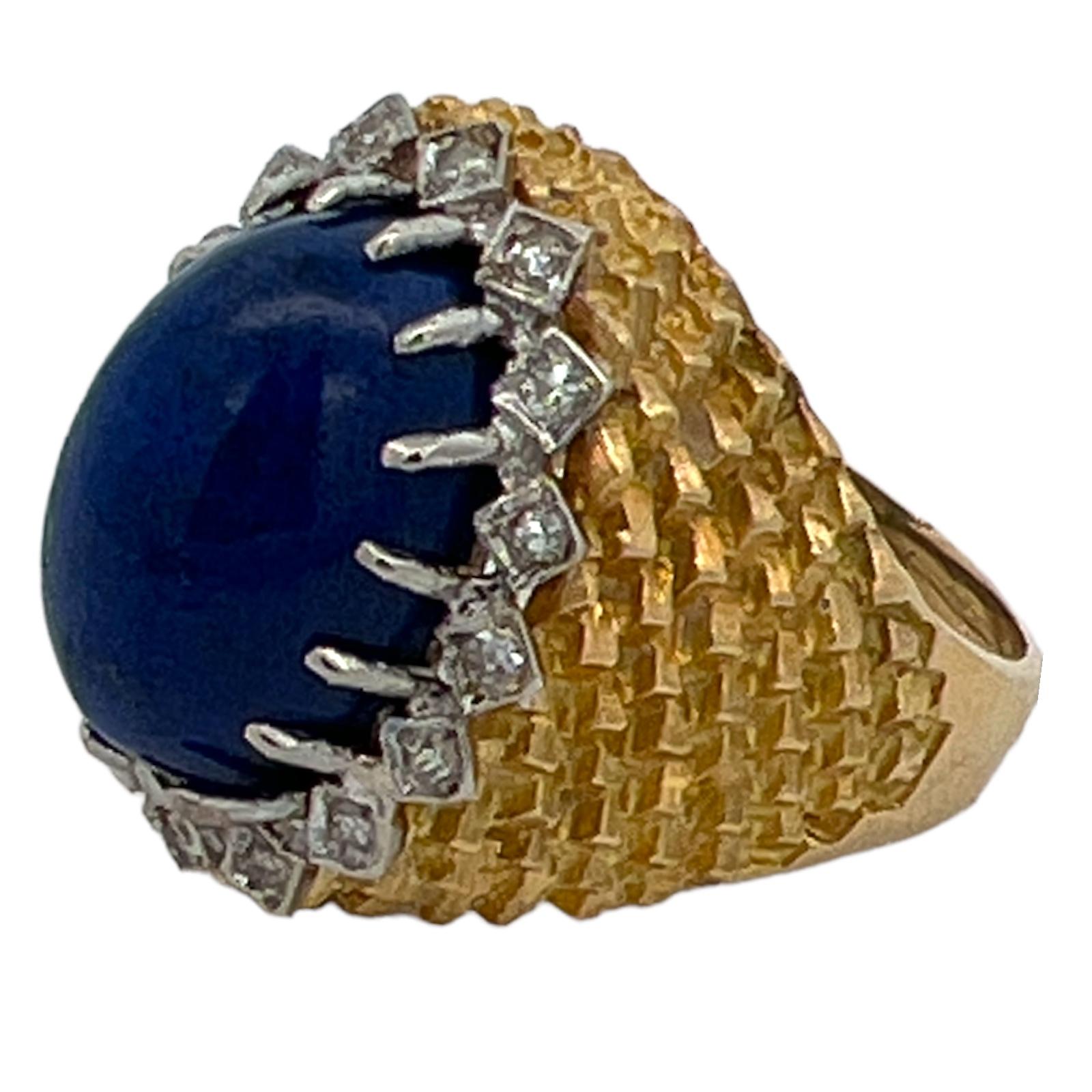 Cabochon 1960's Lapis Lazuli Diamond 18 Karat Yellow Gold Estate Cocktail Ring