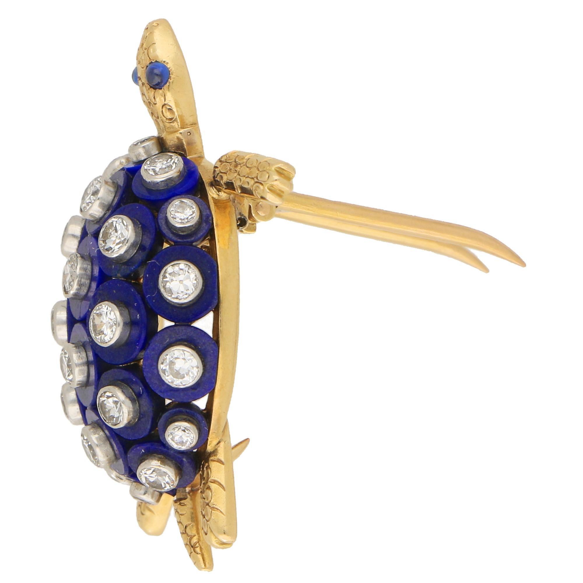Retro Cartier Lapis Lazuli, Diamond and Sapphire Turtle Brooch Set in 18k Yellow Gold