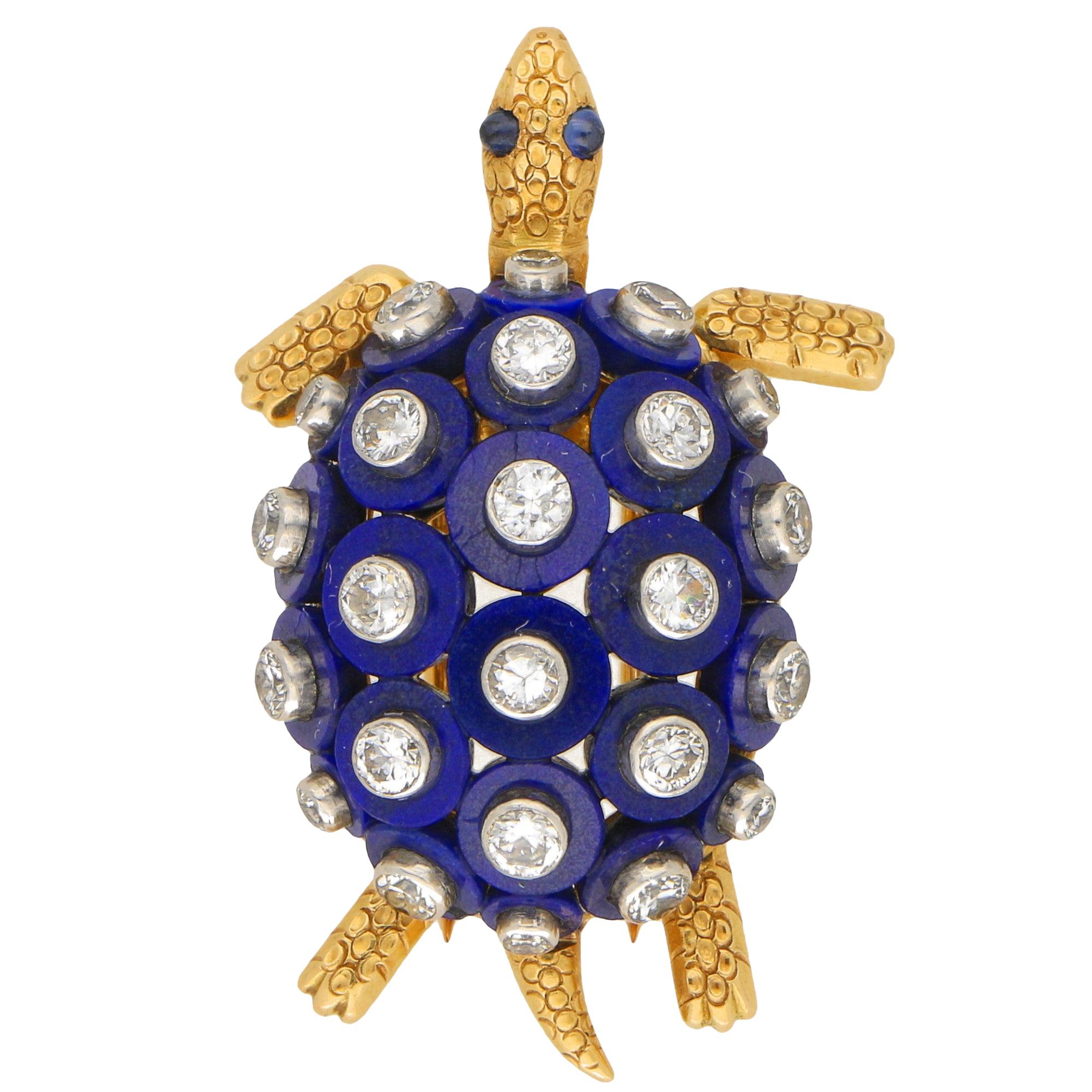 Cartier Lapis Lazuli, Diamond and Sapphire Turtle Brooch Set in 18k Yellow Gold