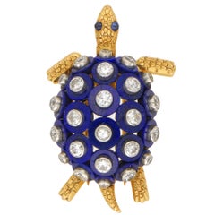 Cartier Lapis Lazuli, Diamond and Sapphire Turtle Brooch Set in 18k Yellow Gold