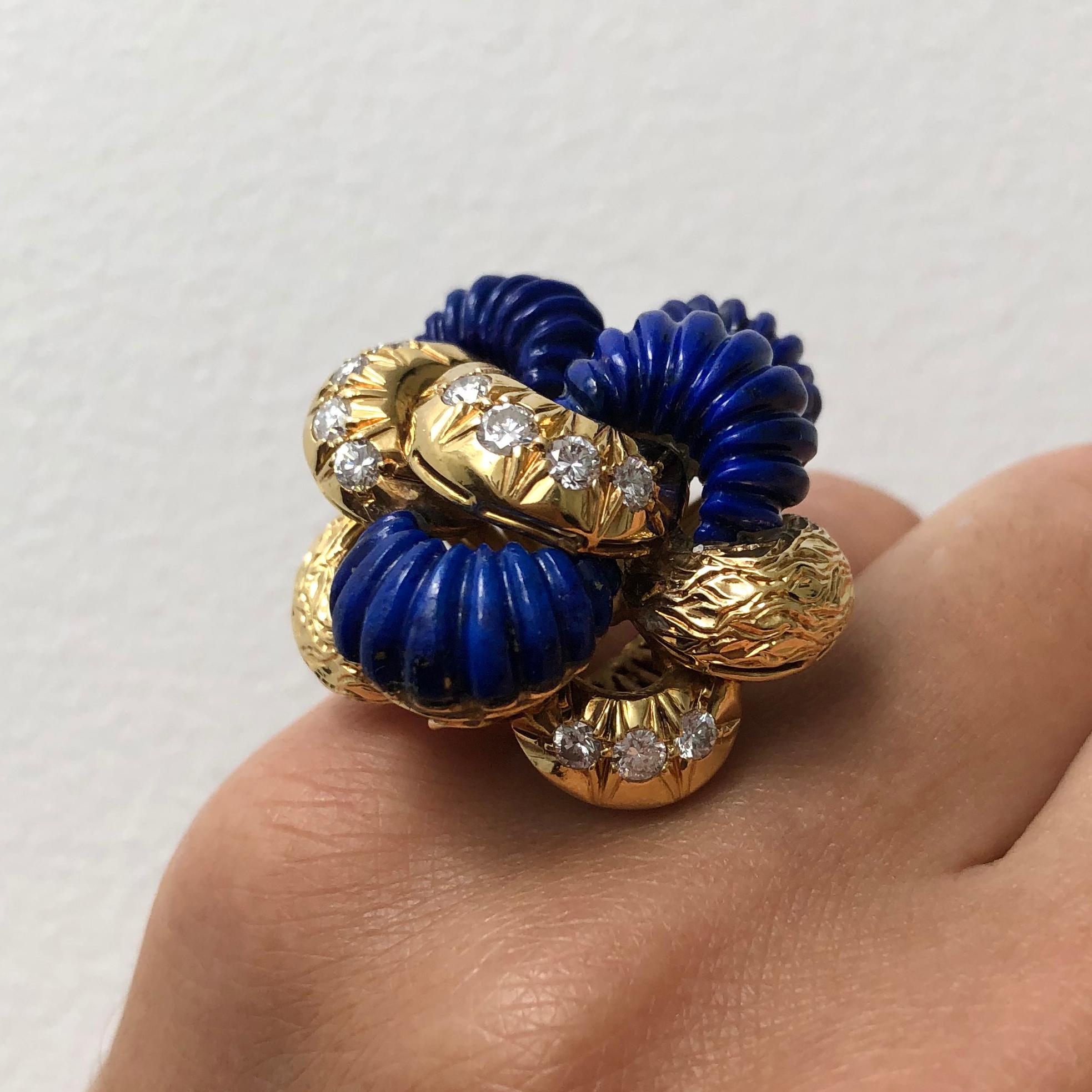 Modernist 1960s Lapis Lazuli Diamond Gold Ring