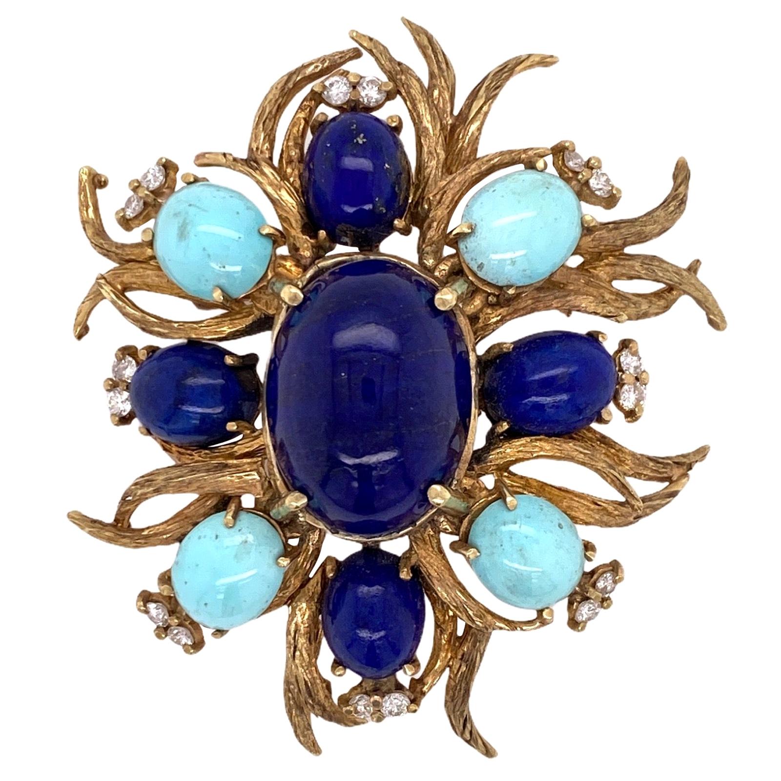 1960s Lapis Lazuli Turquoise Diamond 14 Karat Yellow Gold Vintage Brooch Pin