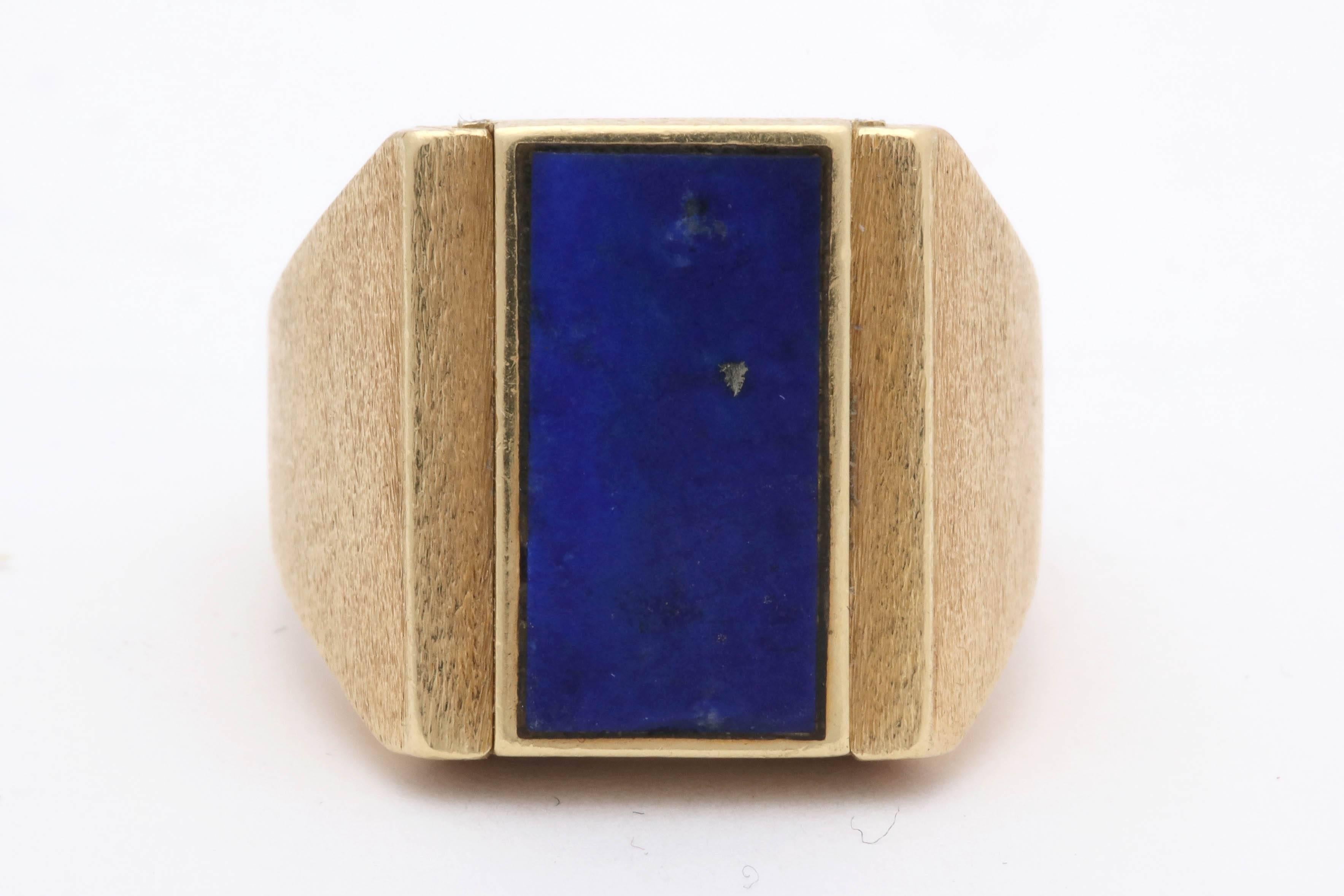 One Gentleman's 18kt  Stone Finish Yellow Gold Flip Ring Composed Of On One Side A 17MM Rectangular Cut Lapis Lazuli And It May Flip To A 17MM  High Qualty And High Luster Rectangular Cut Tiger's Eye Stone.Very Rare To Find Men's Flip Rings .