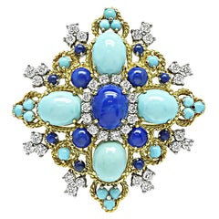 1960s Lapis Turquoise 3.00ct Diamond Gold Pin