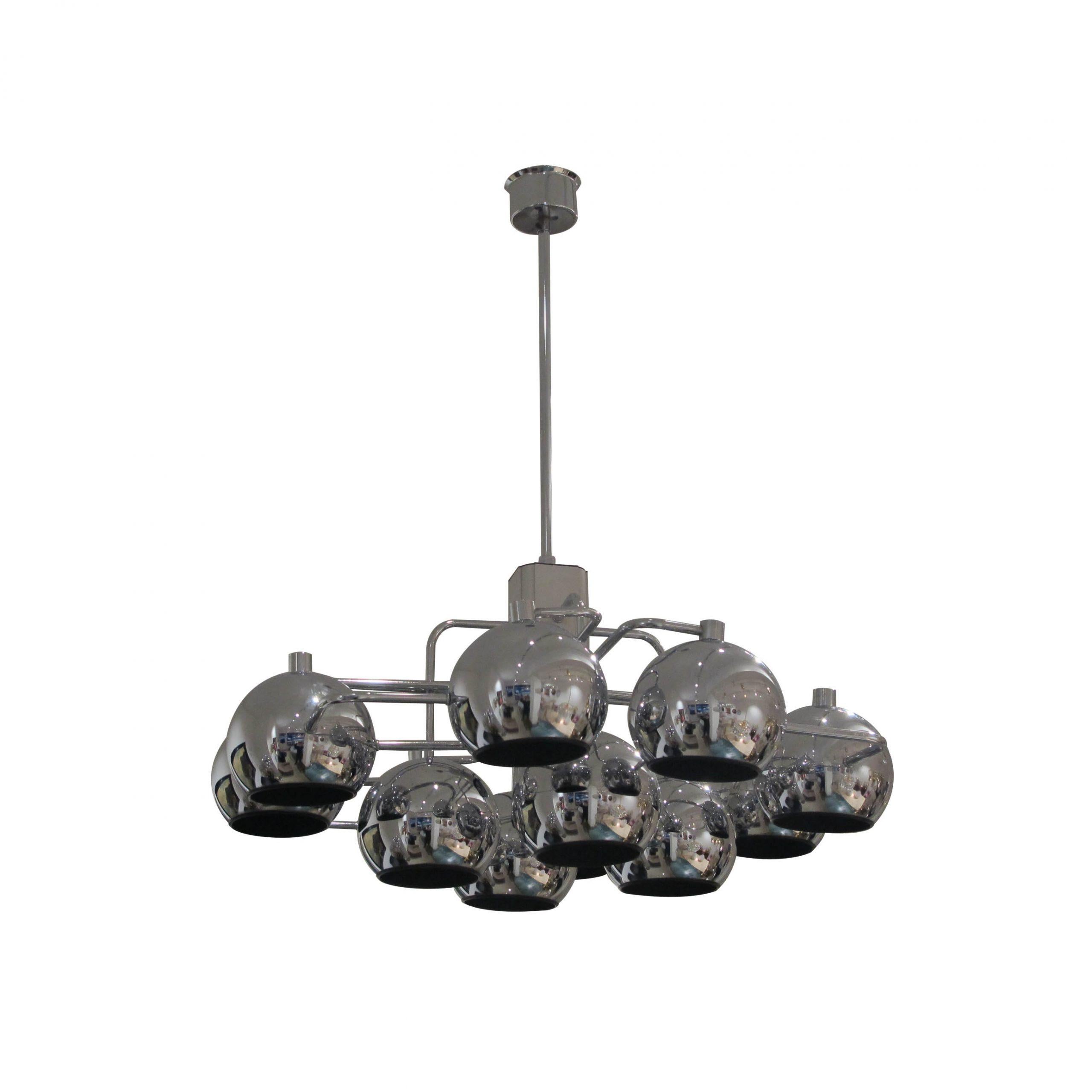 Mid-Century Modern 1960s Large 12 Chrome Globes Geometric chandelier by G. Sciolari, Belgian For Sale