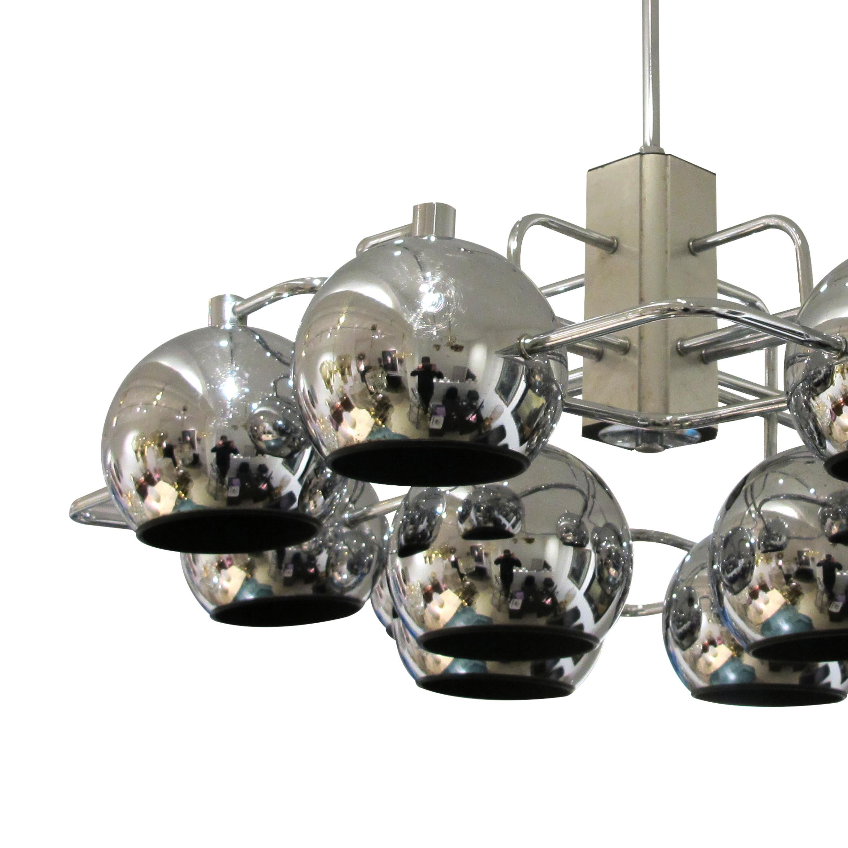 Metal 1960s Large 12 Chrome Globes Geometric chandelier by G. Sciolari, Belgian For Sale