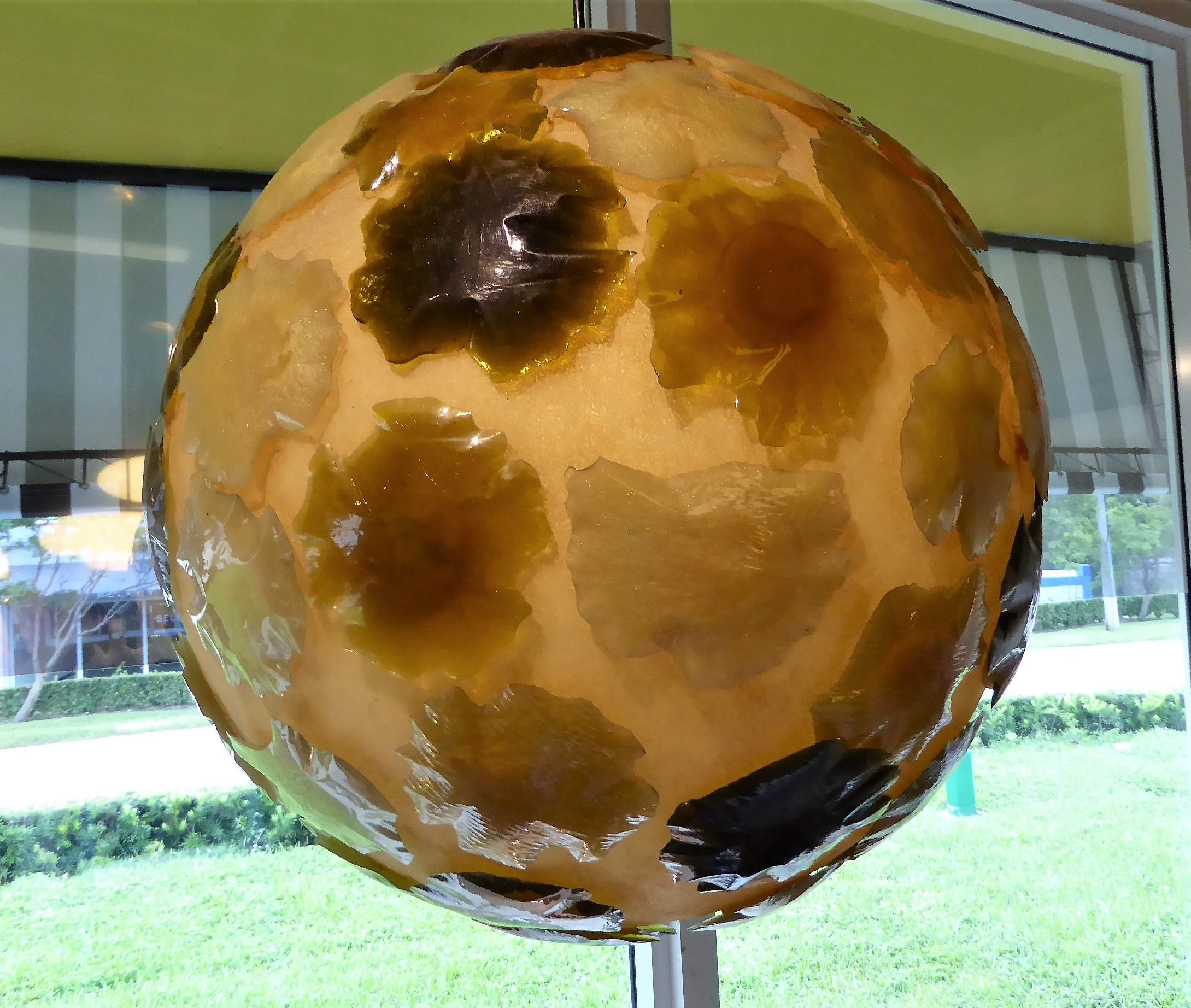 Large acrylic globe organic Mid-Century Modern pendant with colored applied acrylic amoebas shapes. Came from an Interior Designed well appointed Bachelor Pad in New York City from early 1960s, it was like walking into a Time Capsule. The globe