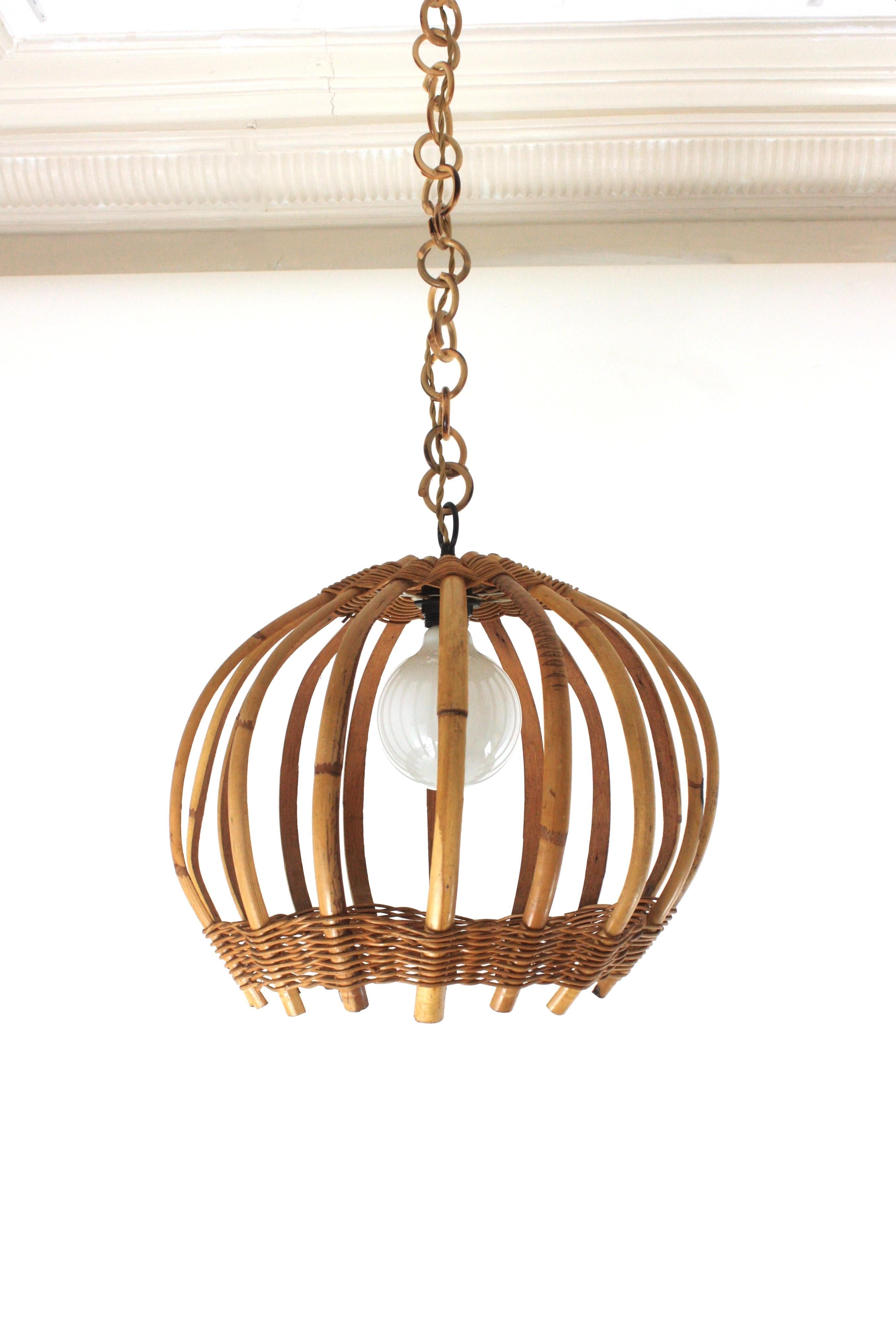 Mid-Century Modern 1960s Large Bamboo Rattan Round Shaped Pendant Light with Woven Wicker Detail For Sale
