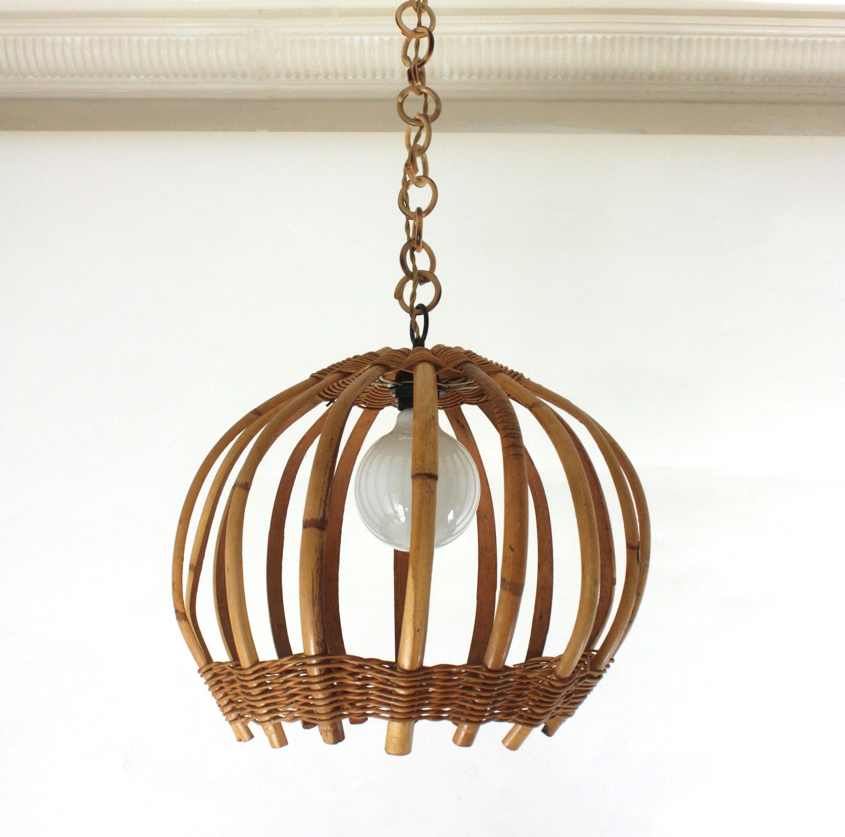 Spanish 1960s Large Bamboo Rattan Round Shaped Pendant Light with Woven Wicker Detail For Sale