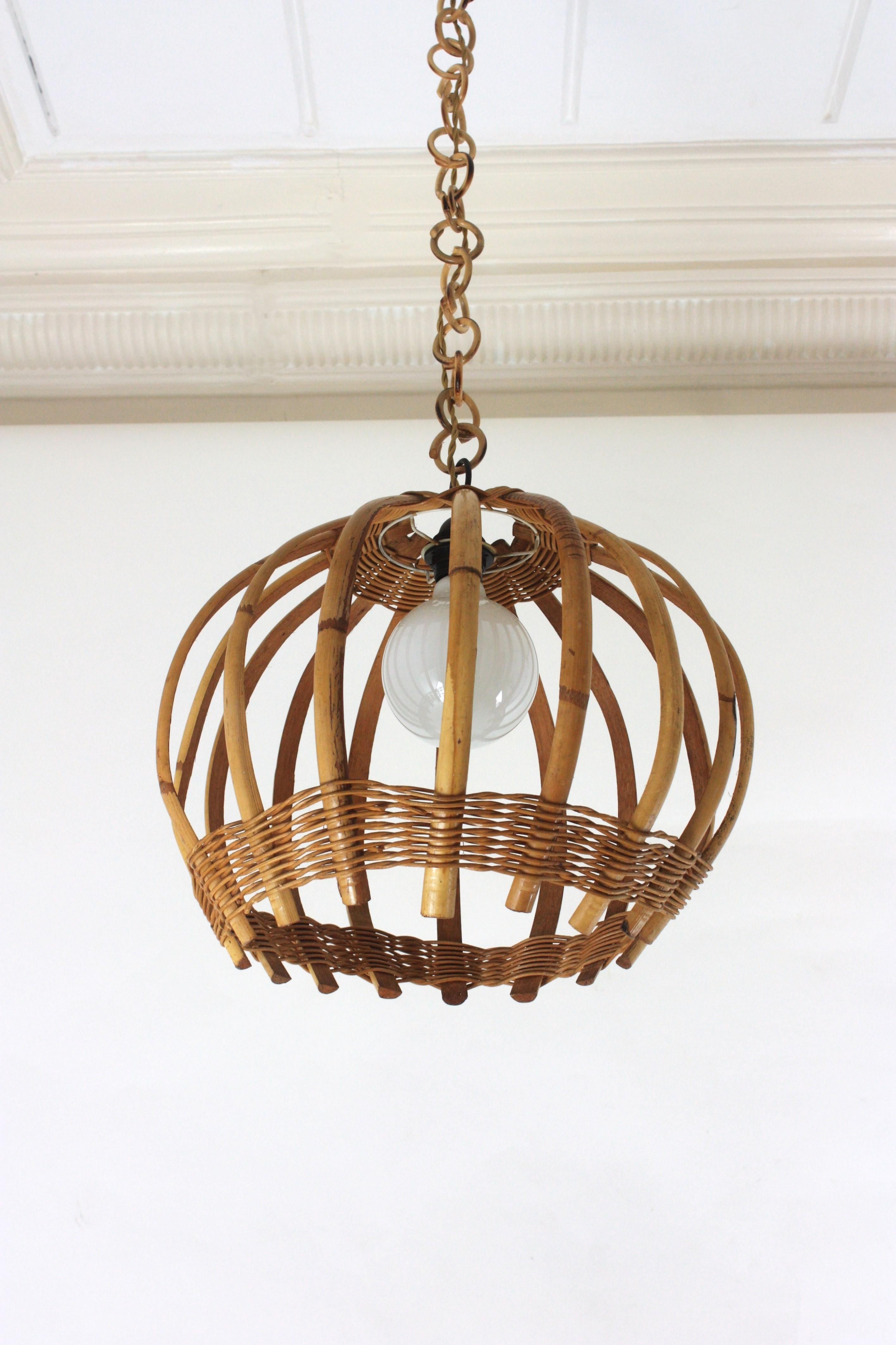 Lacquered 1960s Large Bamboo Rattan Round Shaped Pendant Light with Woven Wicker Detail For Sale