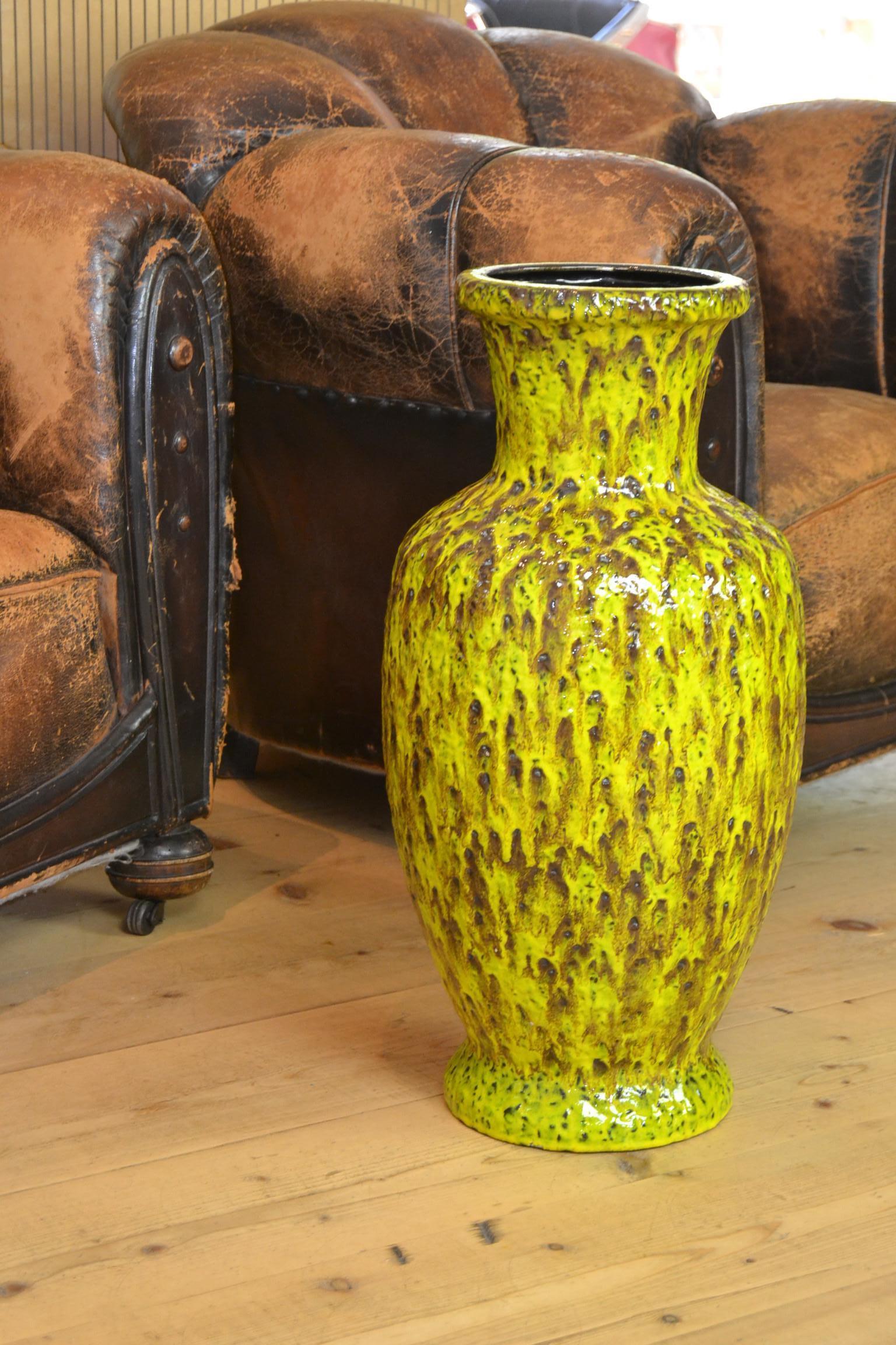 1960s Large Bay Ceramic Fat Lava Vase , Yellow, Green, Brown, Western Germany  10