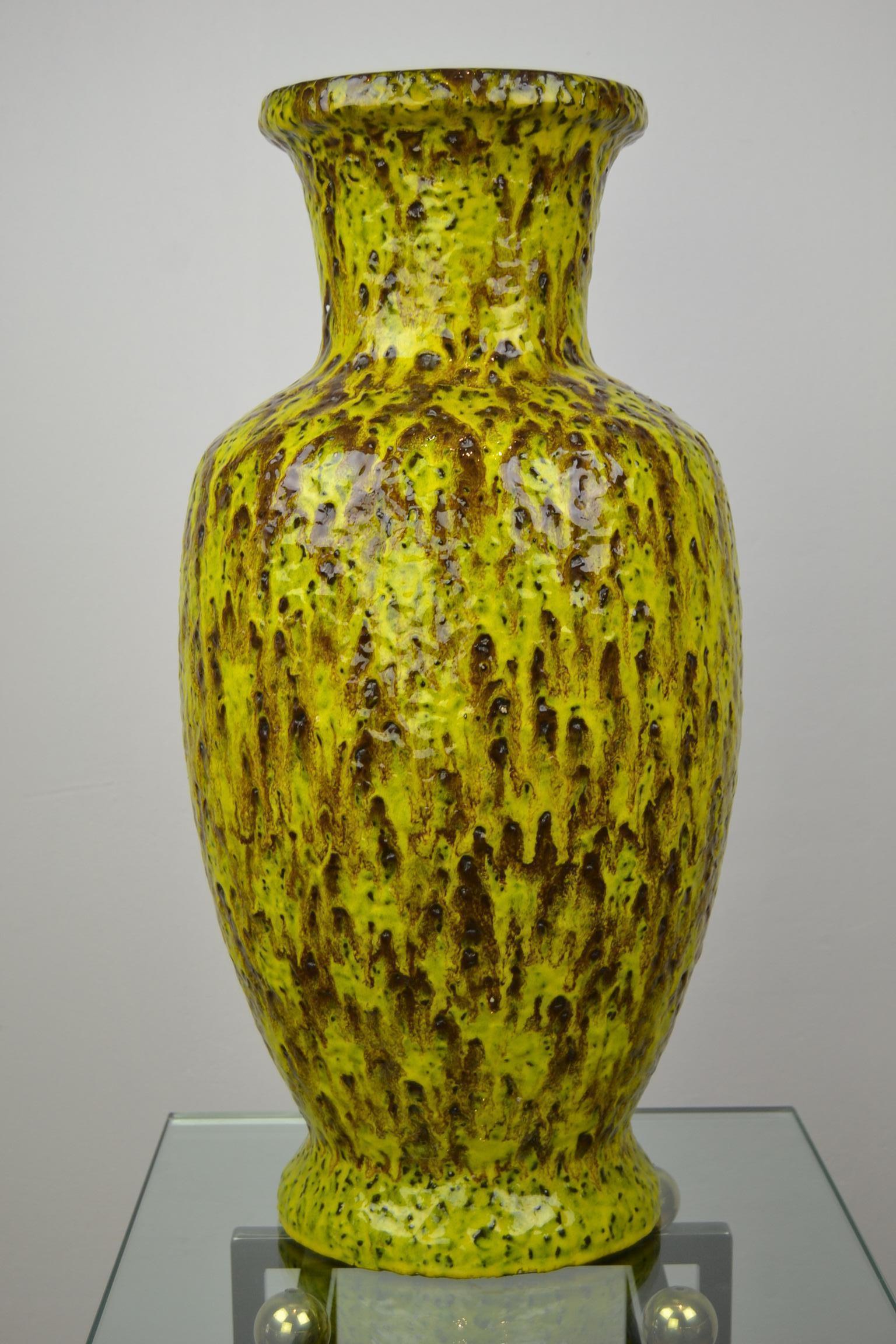 Brutalist 1960s Large Bay Ceramic Fat Lava Vase , Yellow, Green, Brown, Western Germany 